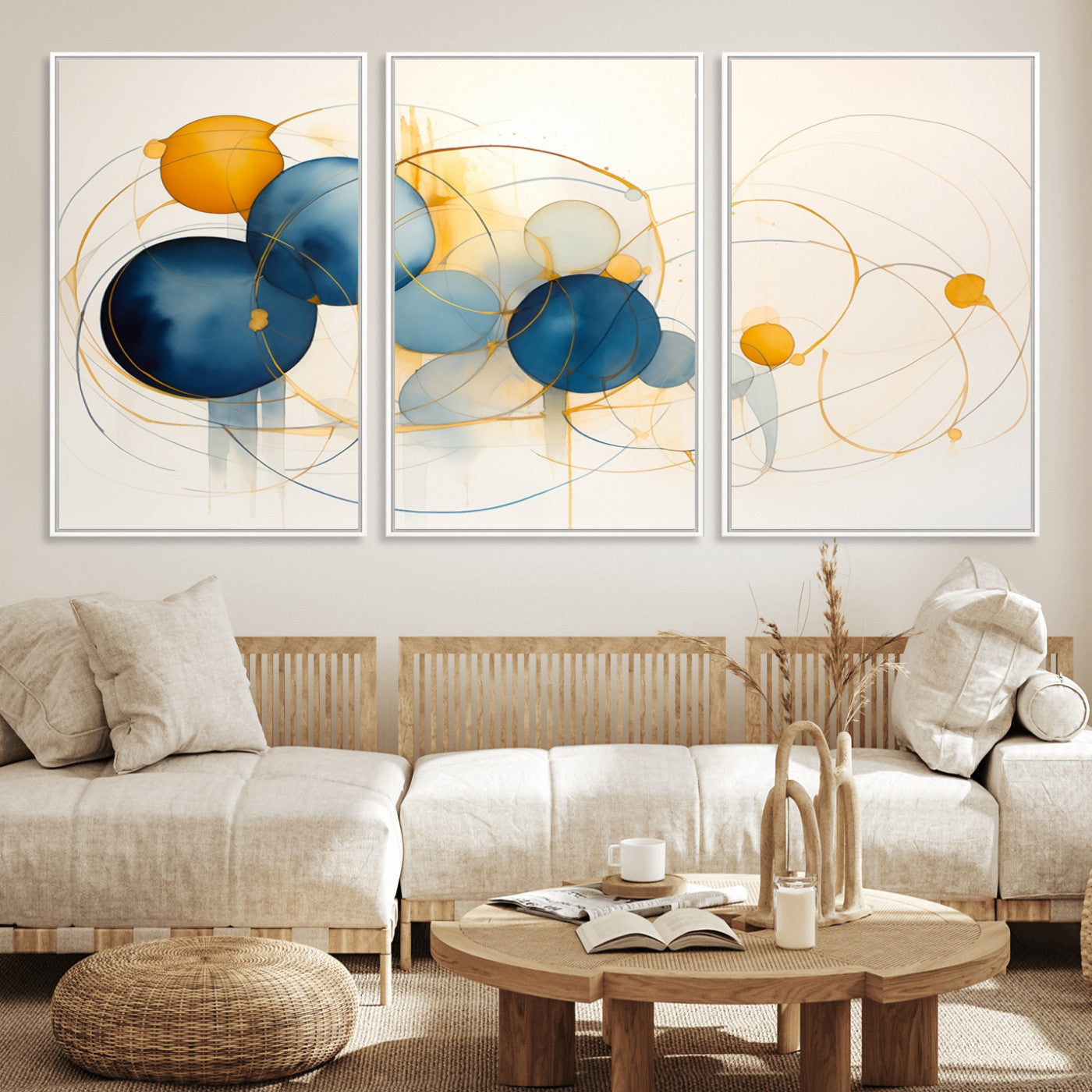-Geometric Blue Orange Abstract Wall Art Canvas, Geometric Blue Orange Canvas Print
