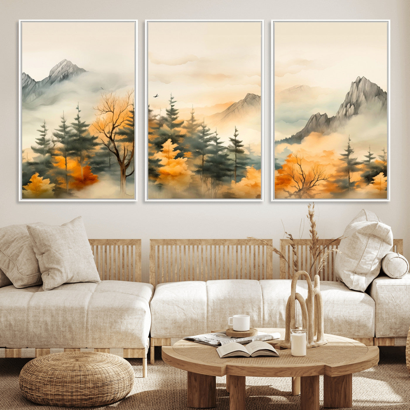 MGV-FC-60X30-3P - Abstract Watercolor Mountains and Trees Autumn Art, Watercolor Mountains and Trees Canvas Print