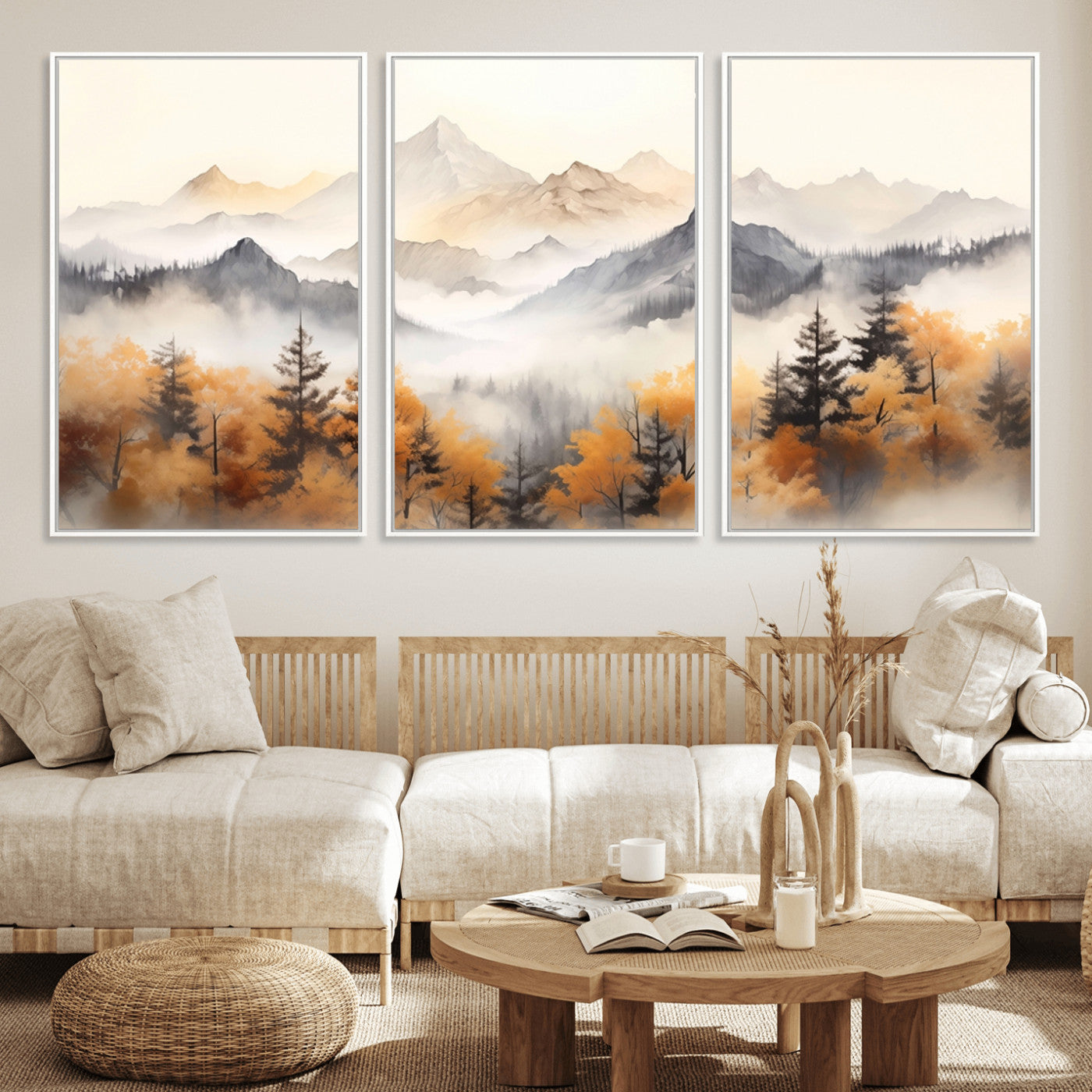 MGV-FC-60X30-3P - Mountain and Forest Landscape Wall Art | Misty Autumn Forest and Mountains Canvas Print for Living Room, Bedroom, Office | Large Wall Art Decor