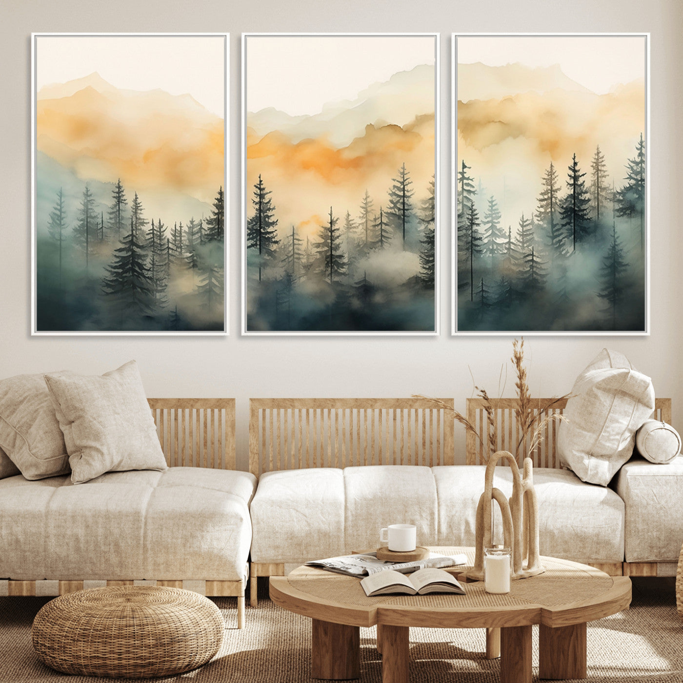 34155-MGV-FC-60X30-3P_White-Abstract Forest Print - Mountain Wall Art | Autumn Landscape Canvas Print for Living Room, Bedroom, or Office | Large Wall Art Decor