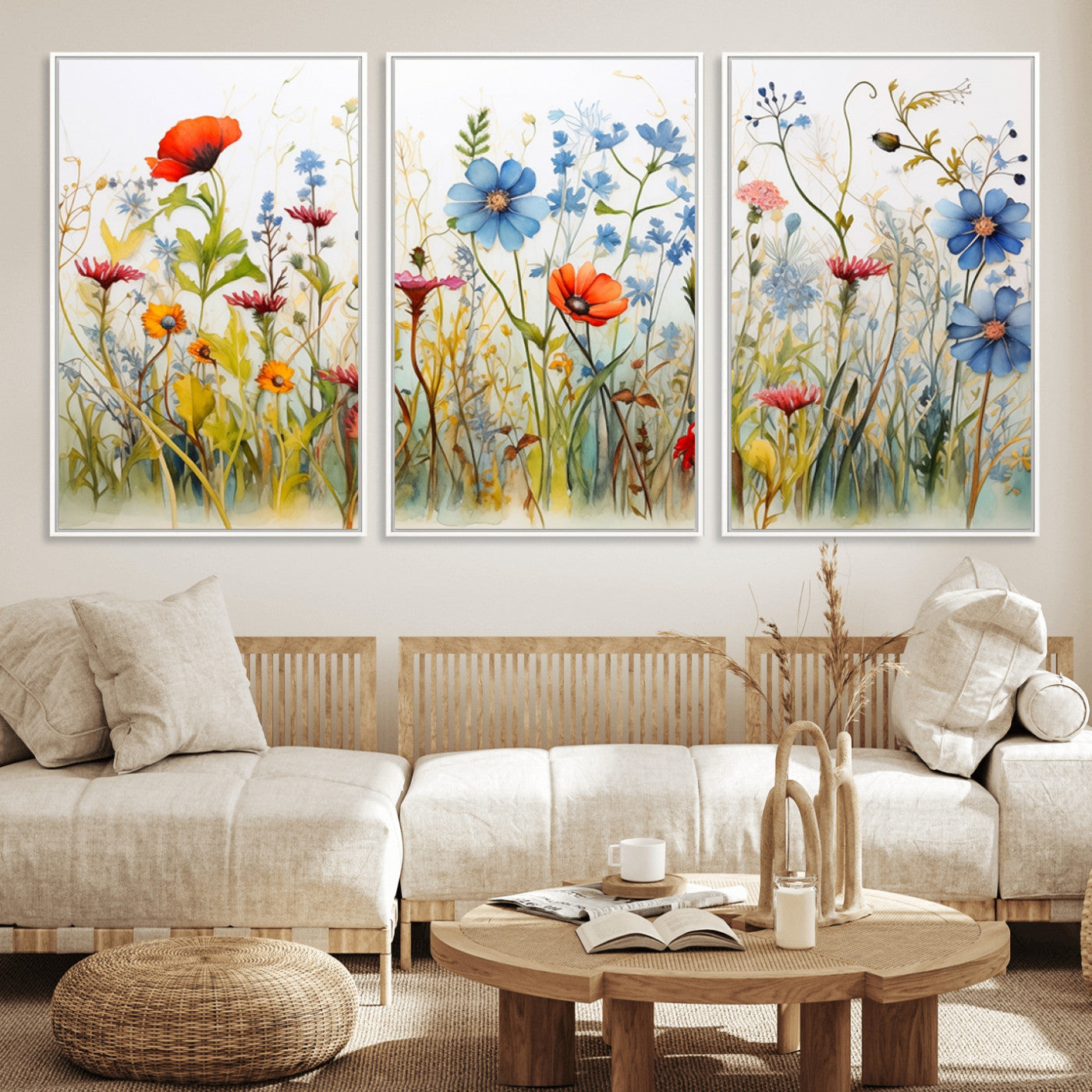 MGV-FC-60X30-3P - Colorful Wildflower Canvas Wall Art - Vibrant Floral Botanical Print, Bright Nature Decor for Living Room, Large 3 Panel Set, Ready to Hang