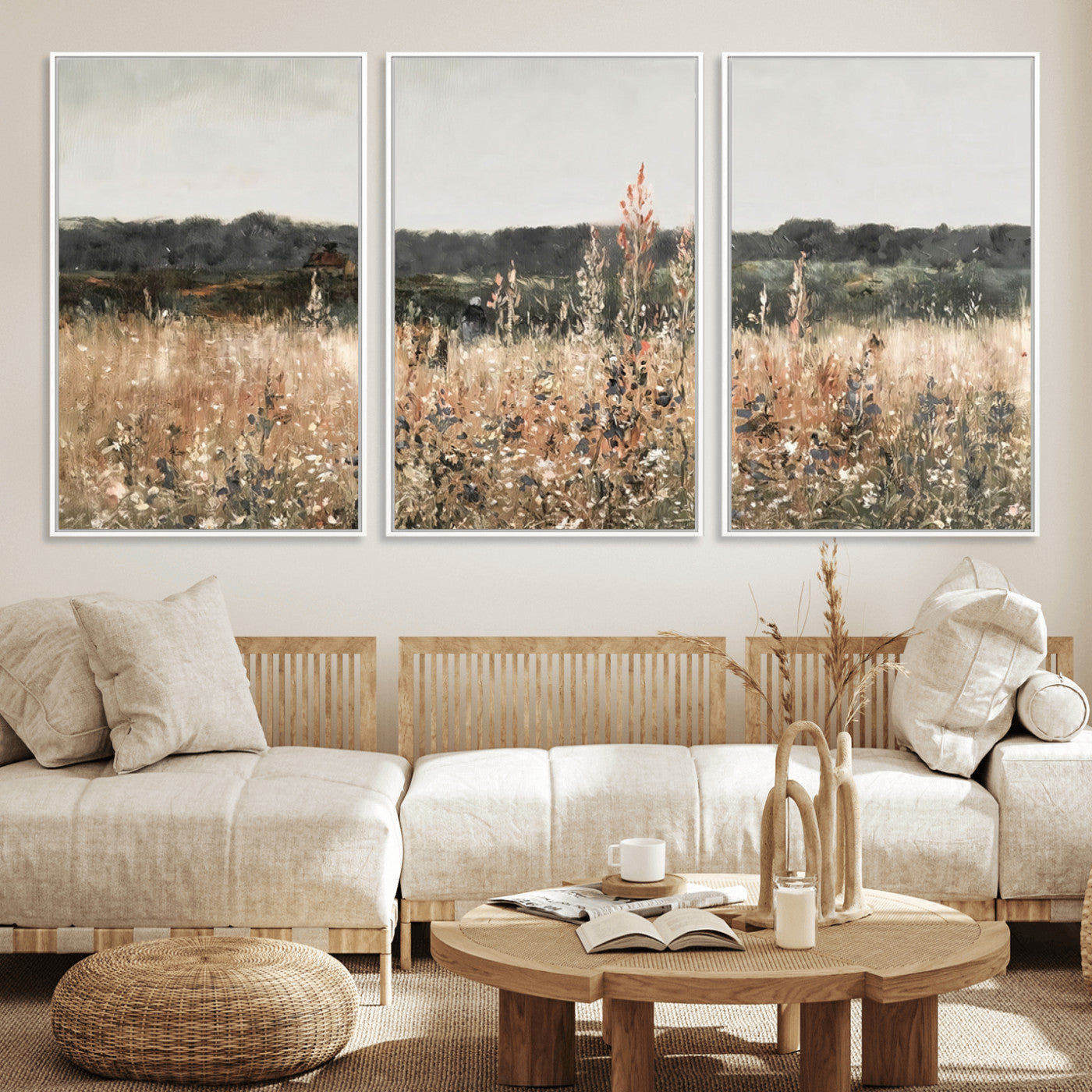 MGV-FC-60X30-3P - Abstract Wildflower Art Field Landscape Oil Painting Print, Country Field Wall Art - Framed Ready to Hang