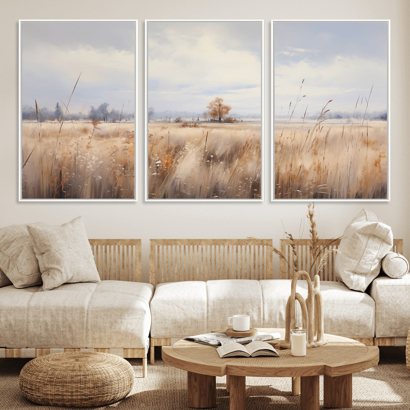 MGV-FC-60X30-3P - Golden Fields Canvas Wall Art Print – Serene Landscape of Nature’s Tranquility in Minimalist for Farmhouse Decor