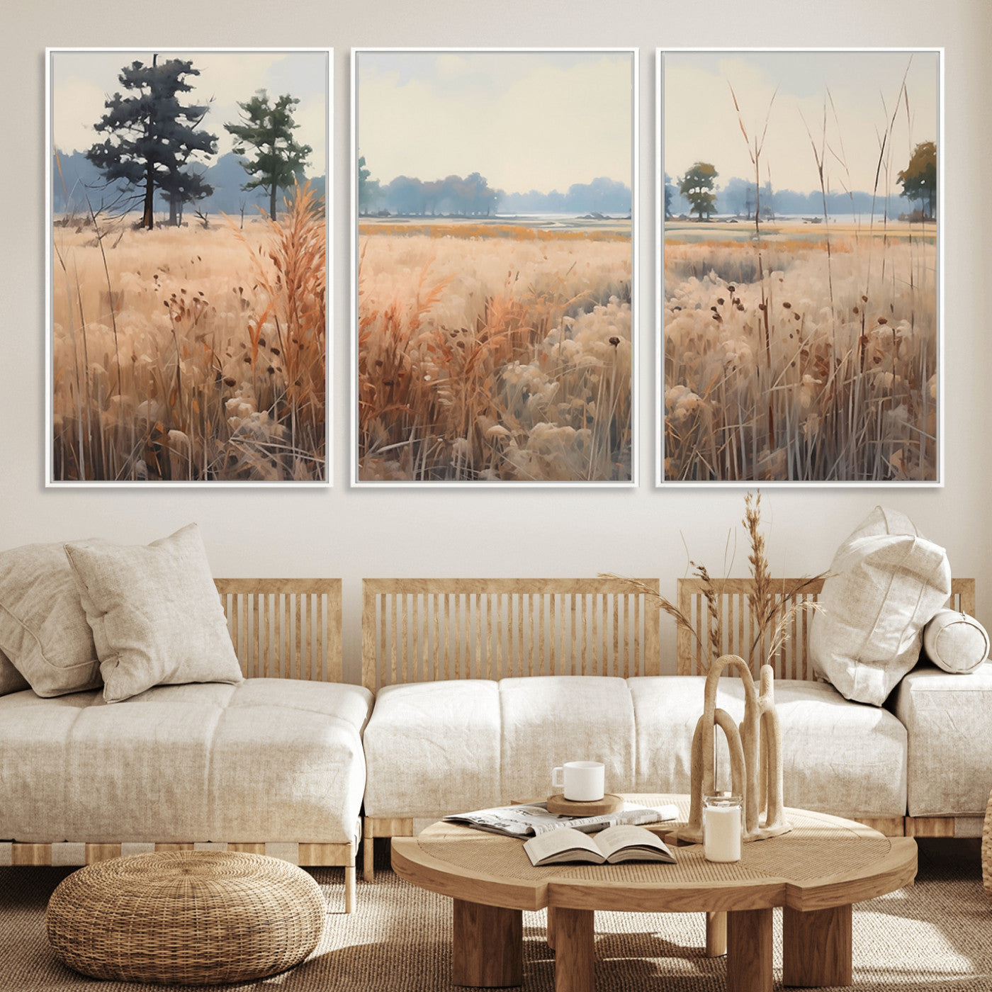 MGV-FC-60X30-3P - Golden Fields Canvas Wall Art Print – Serene Landscape of Nature’s Tranquility in Minimalist Modern Decor