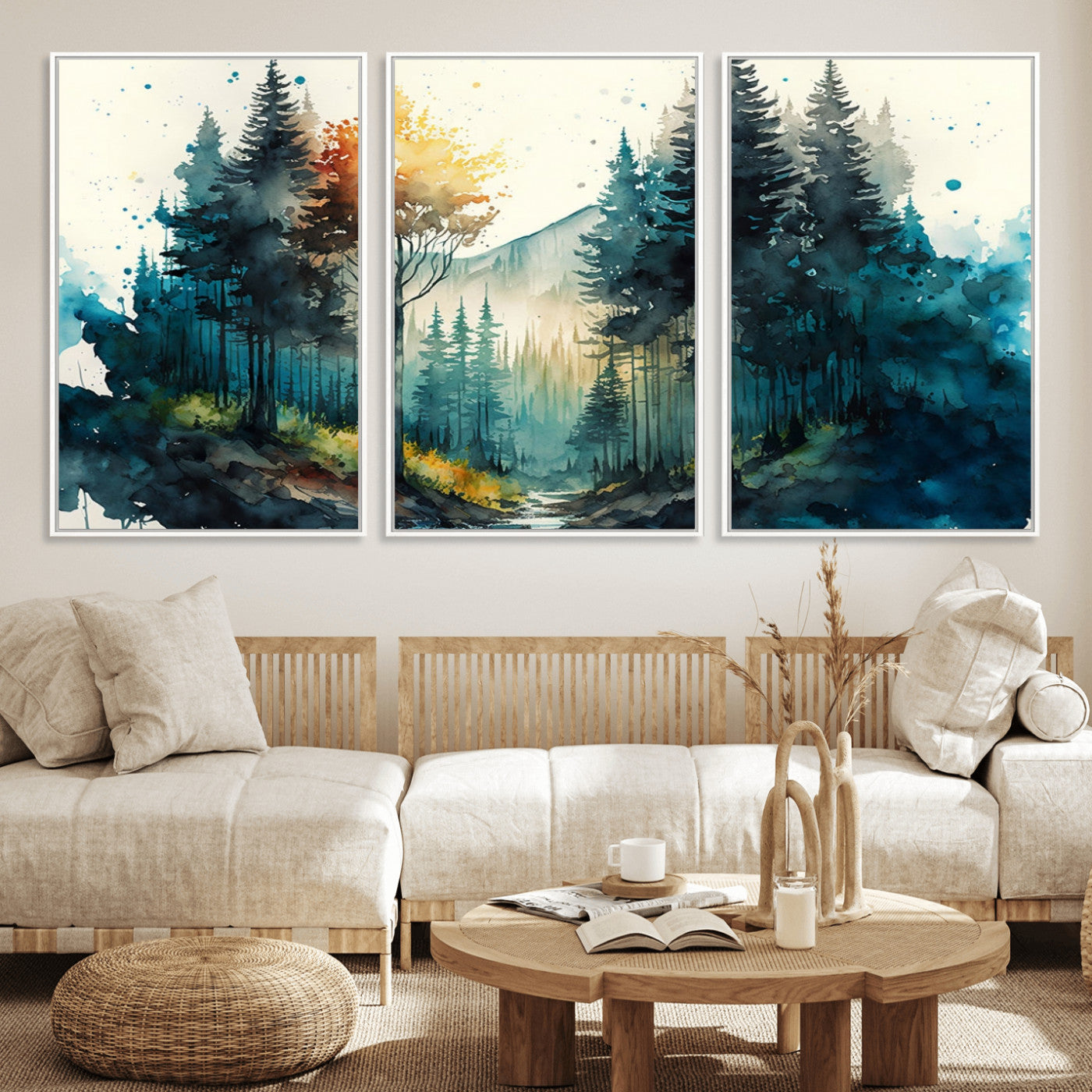MGV-FC-60X30-3P - Watercolor Trees Forest Abstract Wall Art Canvas Print