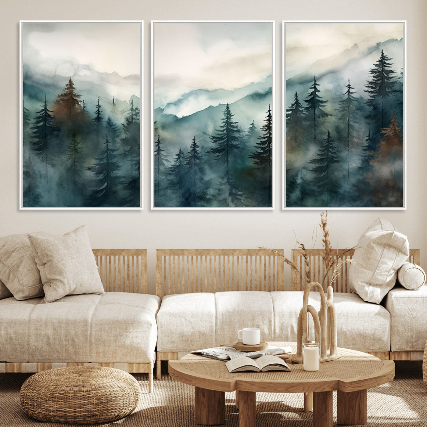 48468-MGV-FC-60X30-3P_White-Serenity Forest Wall Art Canvas | Foggy Mountain Landscape Canvas Print for Living Room or Office | Nature-Inspired Woodland Decor