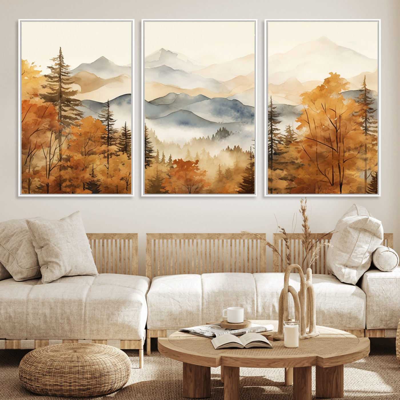 MGV-FC-60X30-3P - Golden Autumn Forest Wall Art | Mountain Landscape Canvas Print for Living Room or Bedroom | Large Wall Decor with Nature-Inspired Design