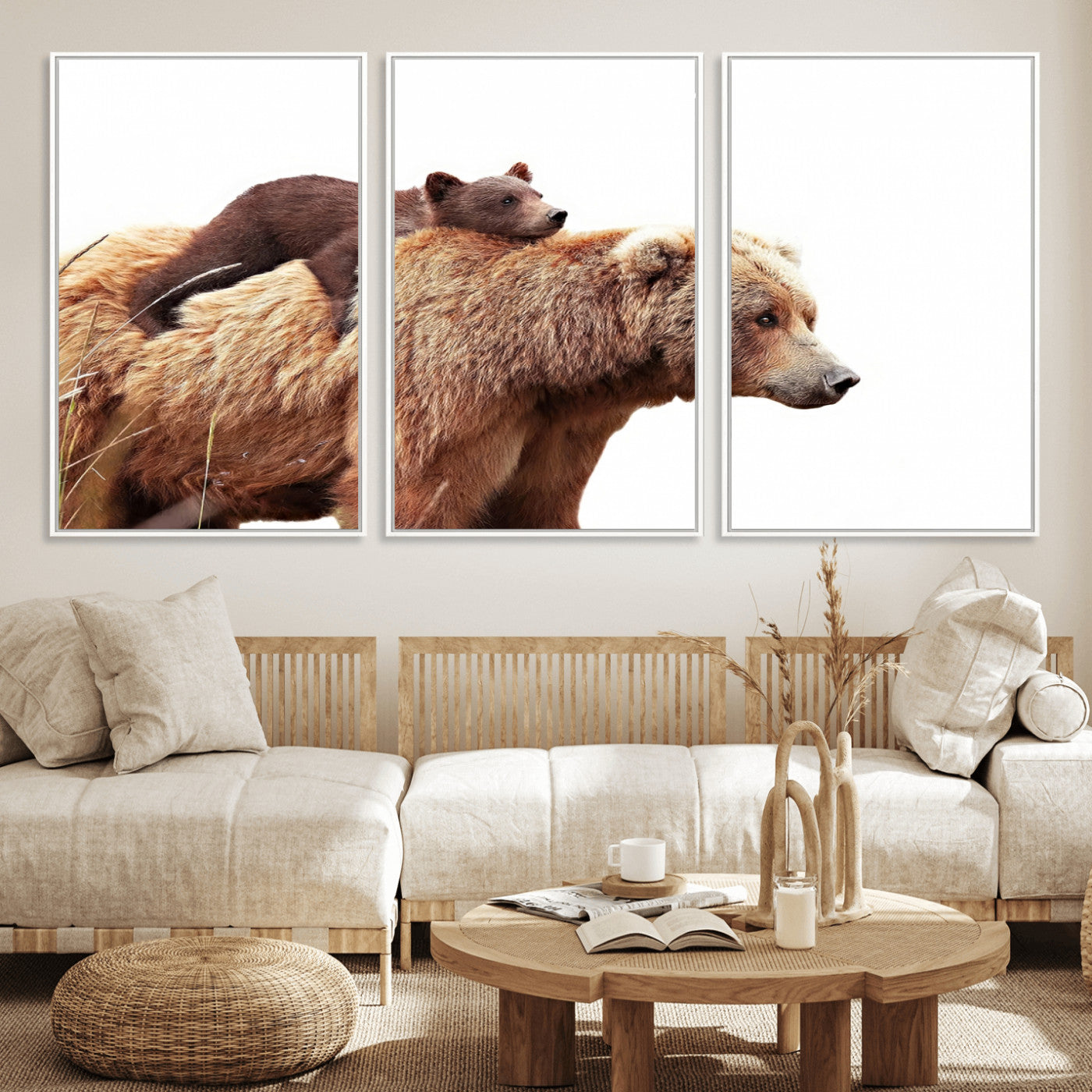 MGV-FC-60X30-3P - Mother and Baby Bear Canvas Wall Art - Adorable Wildlife Animal Print, Cozy Rustic Decor for Living Room,
