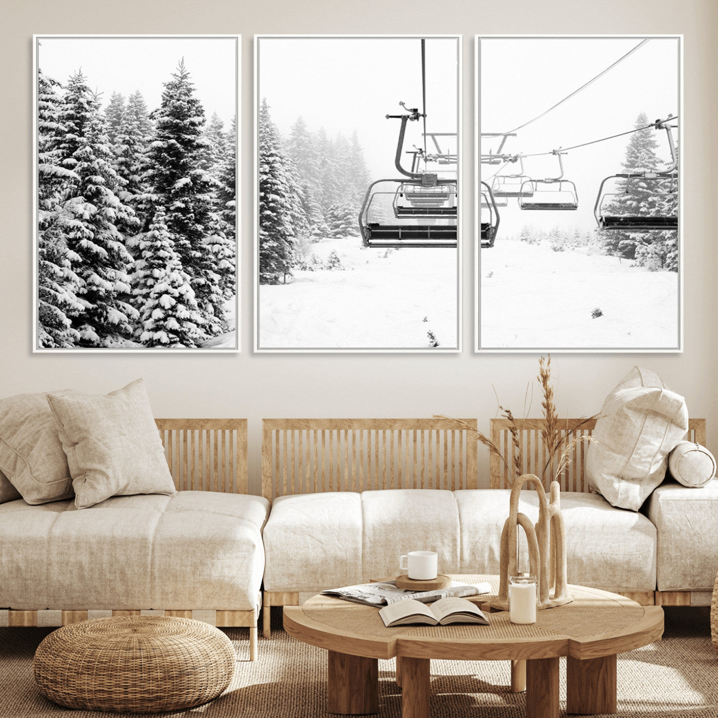 70609-MGV-CV-36X24 - Winter Forest Wall Art Canvas Print, Framed Snowy Forest Art Picture Print, Winter Ski Lift Perfect