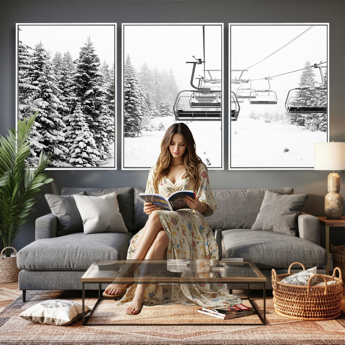Ski Wall Art | Ski Lift Canvas Print with Snow Covered Spruce Trees, Winter Ski Resort Wall Art