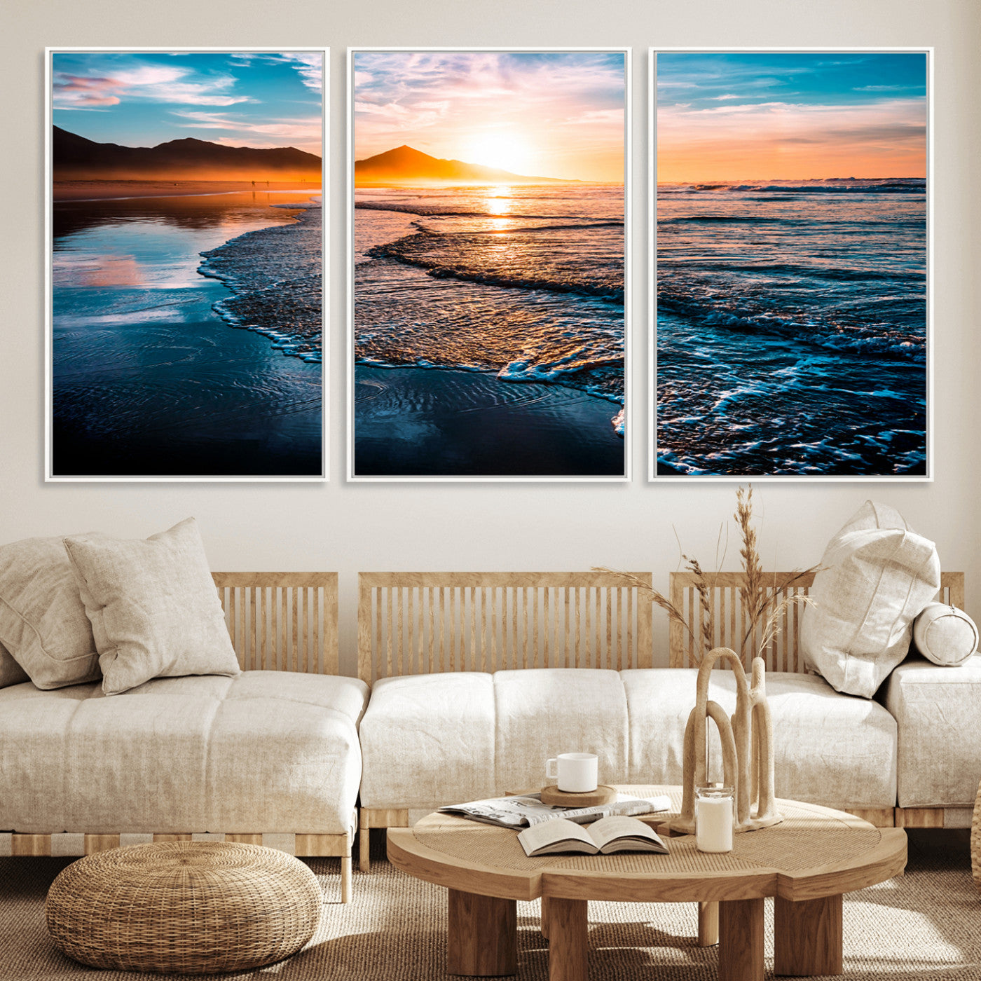 MGV-FC-60X30-3P - Sunset Beach Ocean Canvas Wall Art – Tranquil Ocean Reflections at Dusk – Ready to Hang