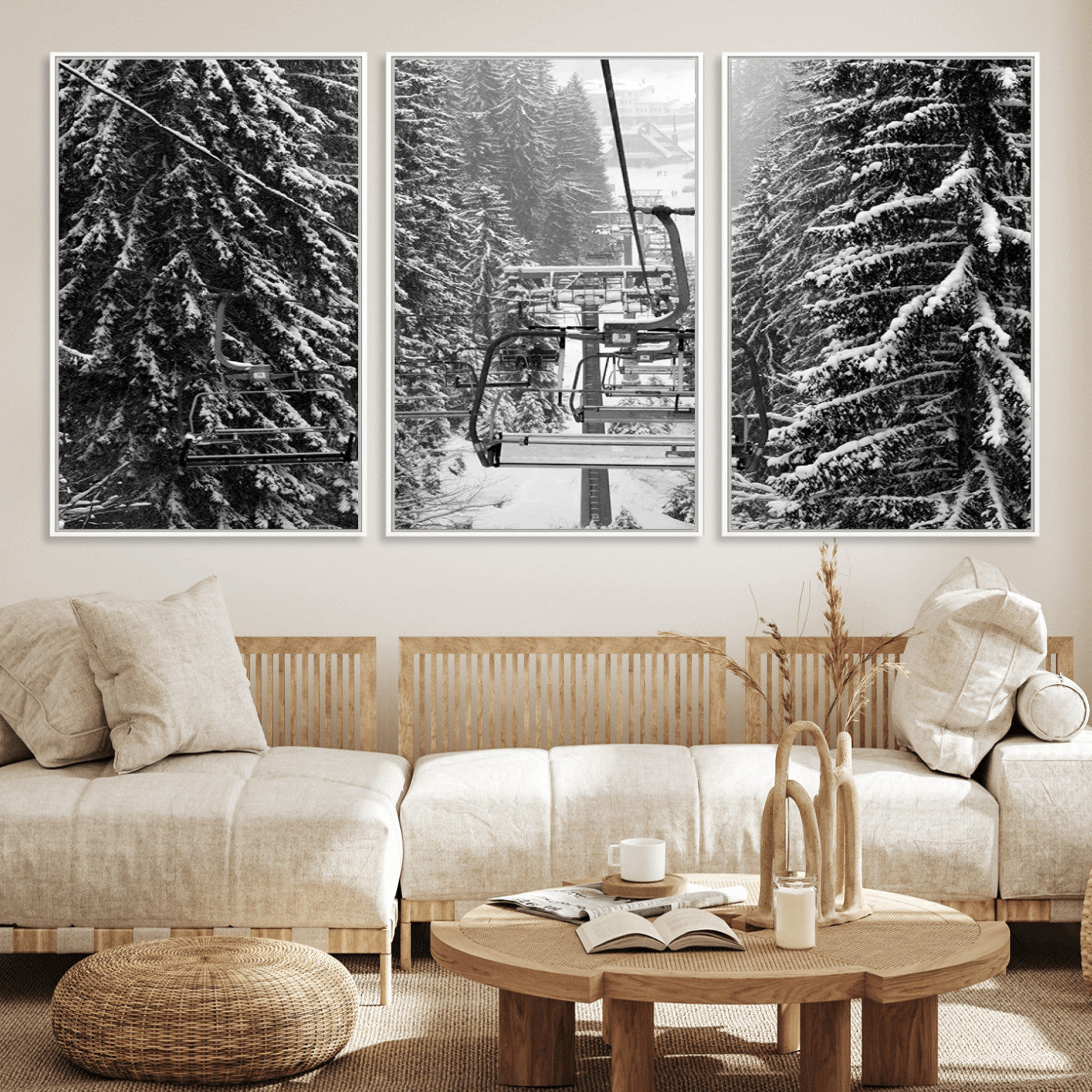 MGV-FC-60X30-3P - Winter Ski Lift Black and White Canvas Wall Art – Alpine Escape in Minimalist Style – Ready to Hang