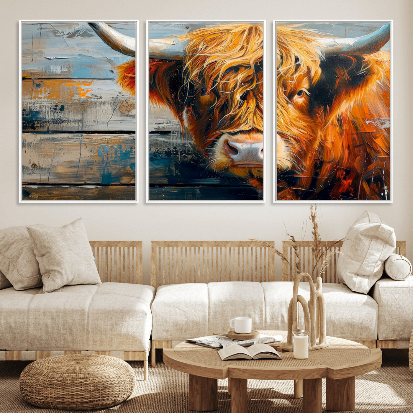-Highland Cow Abstract Canvas Wall Art – Bold Farmhouse Rustic Decor – Ready to Hang