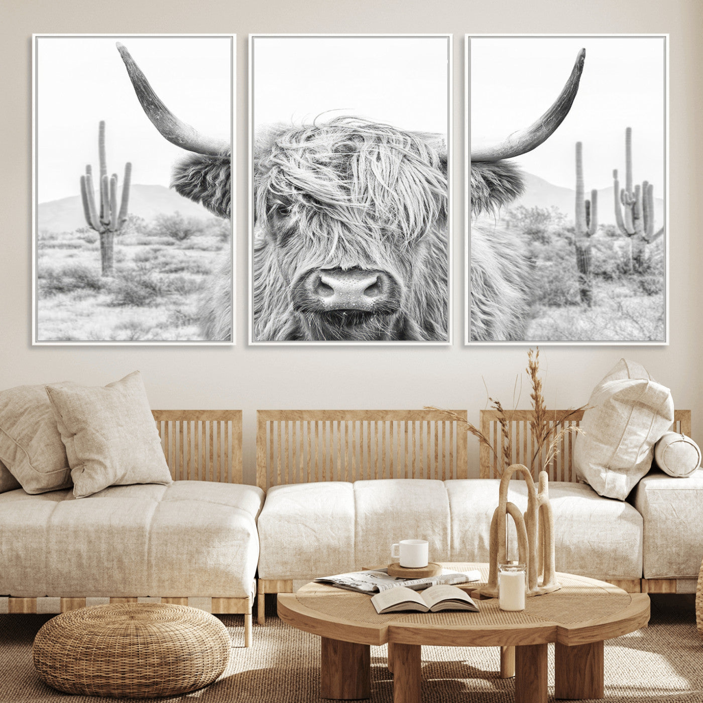 94579-MGV-FC-60X30-3P_White-Rustic Charm | Cow Longhorn Black White Bighorn Wall Art Canvas Print | Farmhouse Wall Art