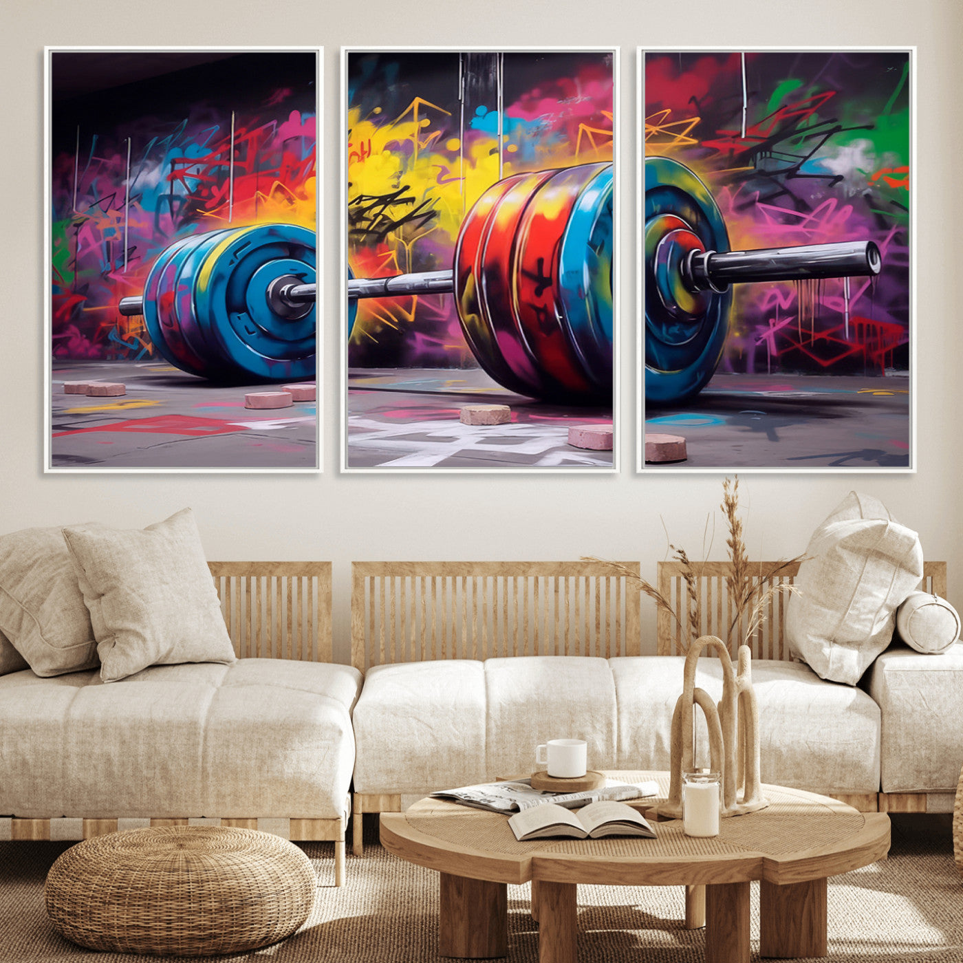 MGV-FC-60X30-3P - Abstract Graffiti Barbell Canvas Wall Art – Urban Fitness Meets Bold Street Art Print - Gym Wall Art Print