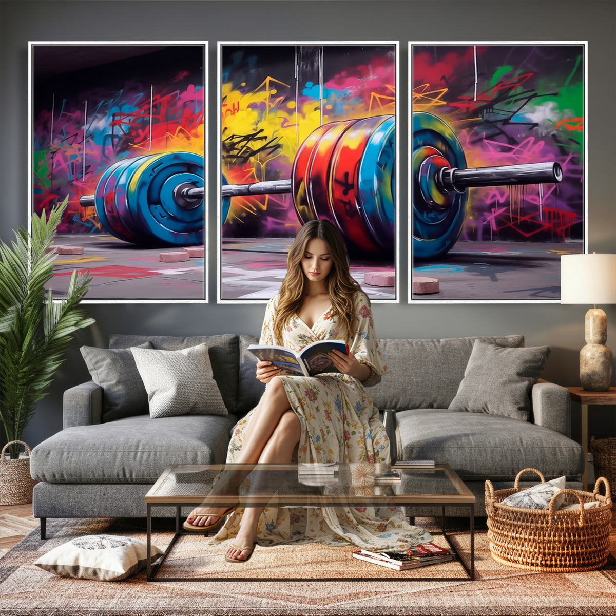 13549-MGV-CV-36X24 - Abstract Graffiti Barbell Canvas Wall Art | Urban Fitness Meets Bold Street Art