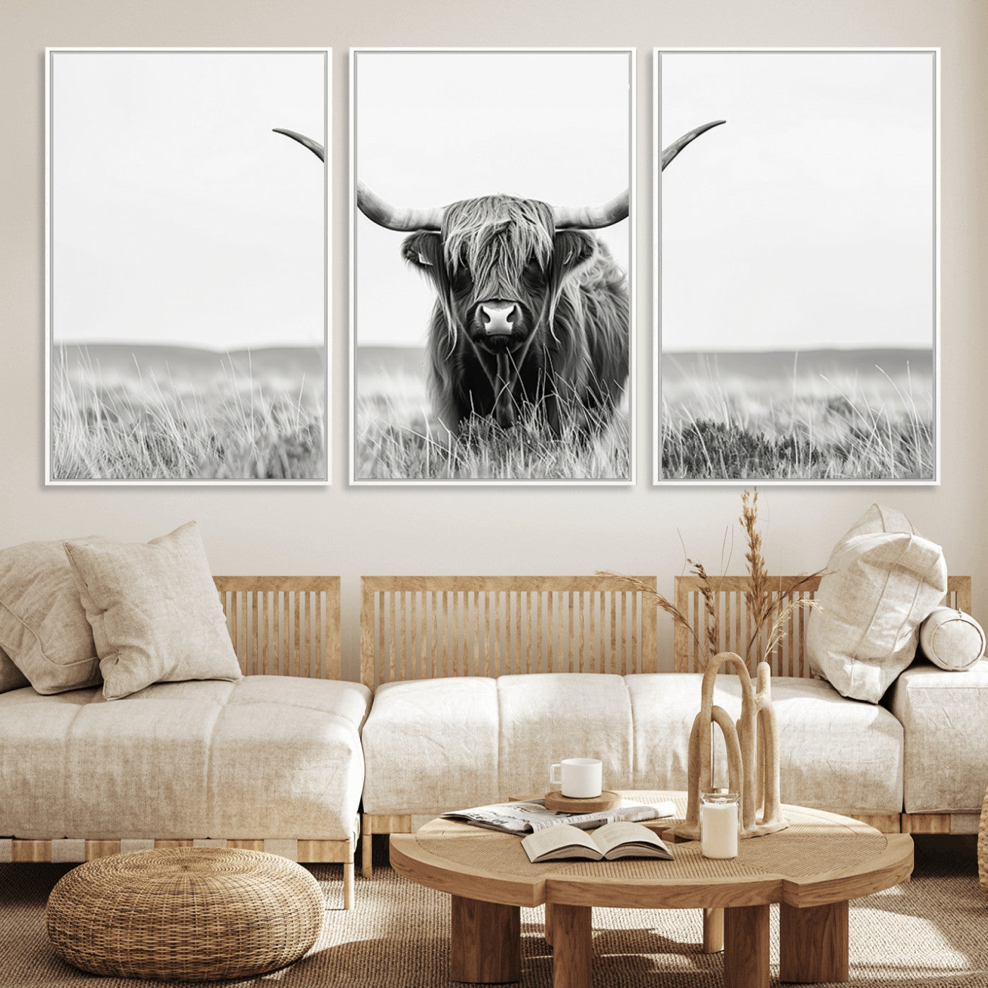 MGV-FC-60X30-3P - Highland Cow Canvas Wall Art – Majestic Beauty in Black and White – Ready to Hang