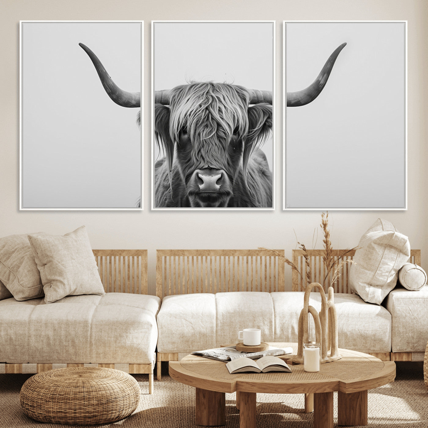 MGV-FC-60X30-3P - Farmhouse Longhorn Wall Art Canvas Print, Longhorn Texas Wall Art Canvas Print