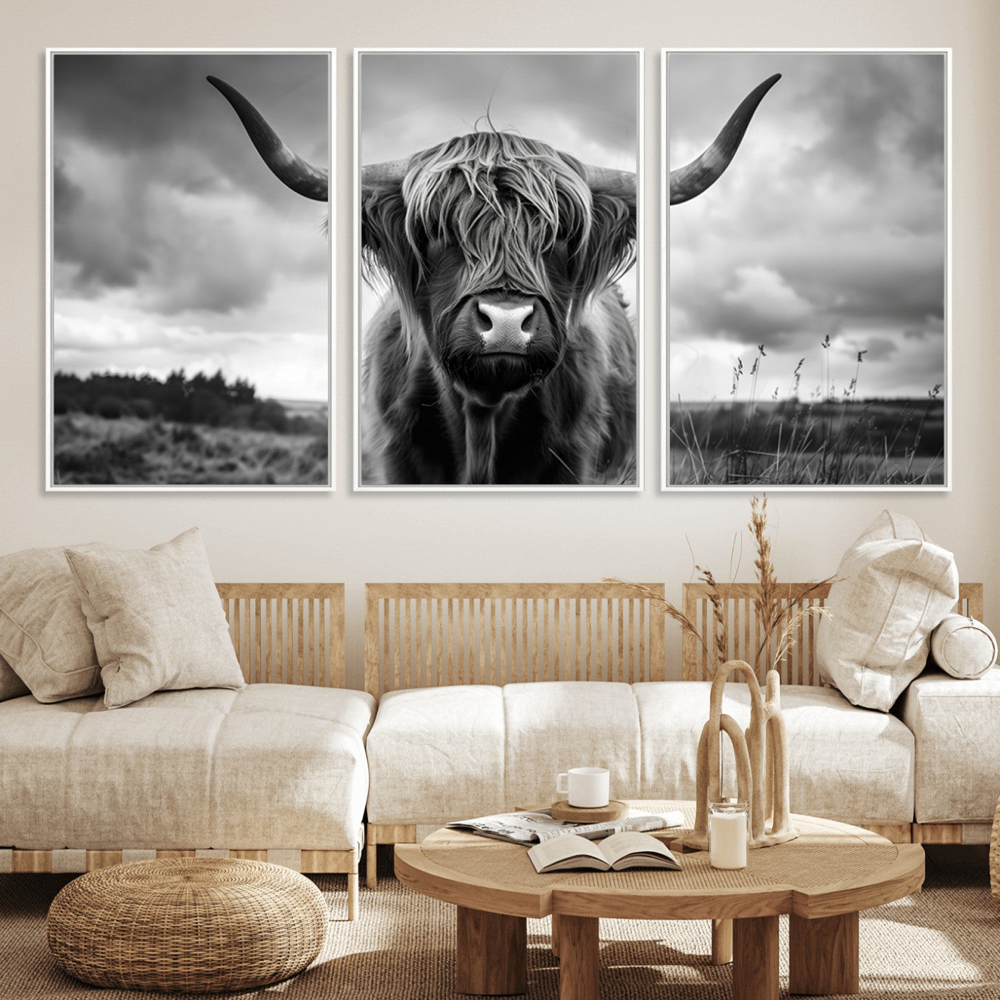 MGV-FC-60X30-3P - Scottish Cow Wall Art Canvas Print | Longhorn Wall Art | Bighorn Animal Wall Art