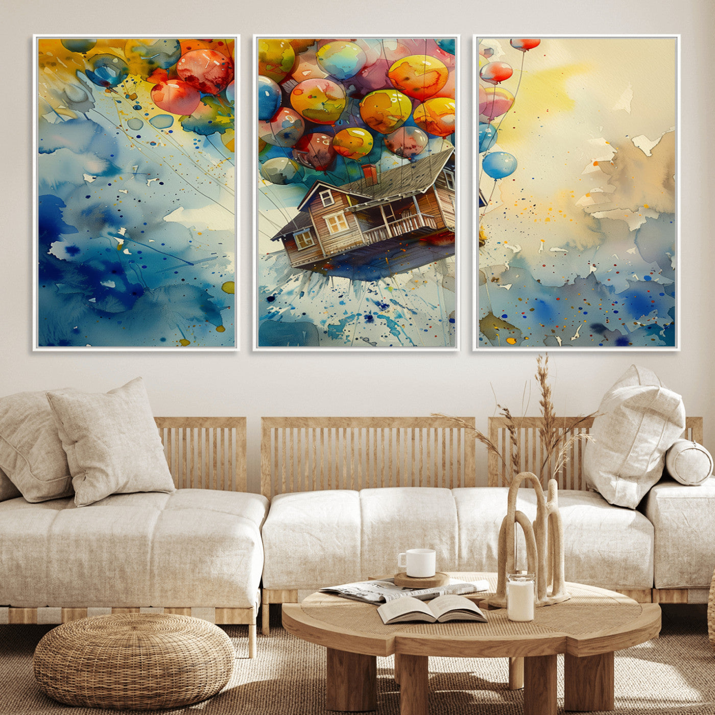 MGV-FC-60X30-3P - UP-Inspired Floating House with Balloons Canvas Art – Colorful 3-Panel Wall Decor for Living Room,