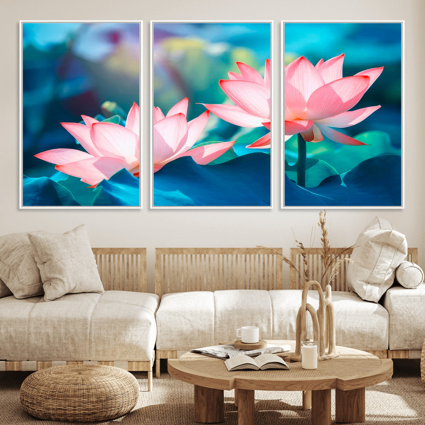 MGV-FC-60X30-3P - Pink Lotus Flower Canvas Wall Art | Vibrant Floral Wall Decor for Living Room, Office, or Bedroom | Large Botanical Art