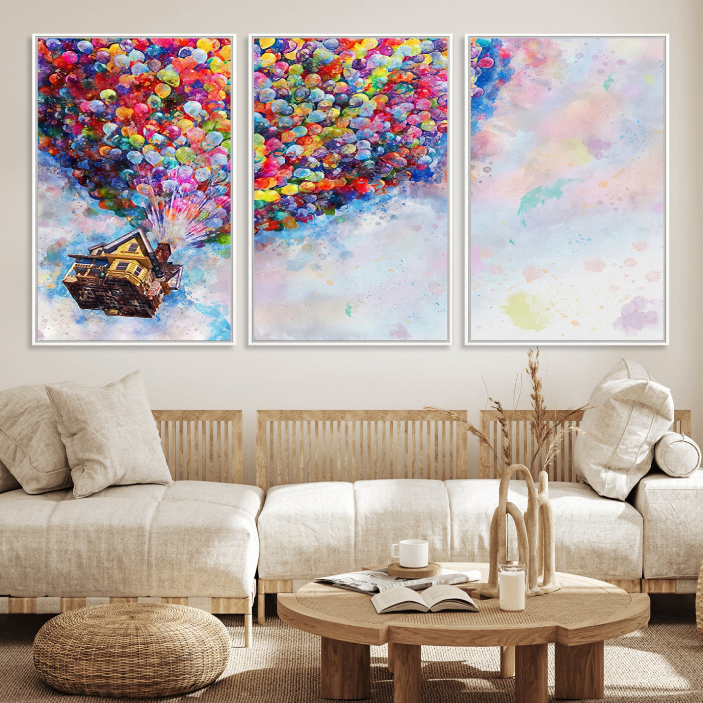 MGV-FC-60X30-3P - Don't Look Up Movie Canvas Wall Art - Vibrant Floating House and Balloons Scene, Tribute to Iconic