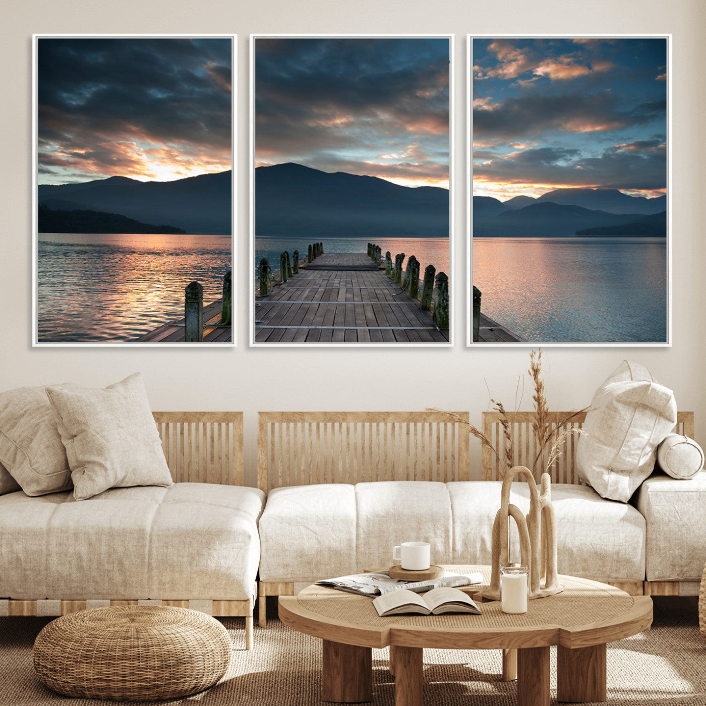 MGV-FC-60X30-3P - Mountain Lake Wood Pier Canvas Wall Art Nature Lake Print