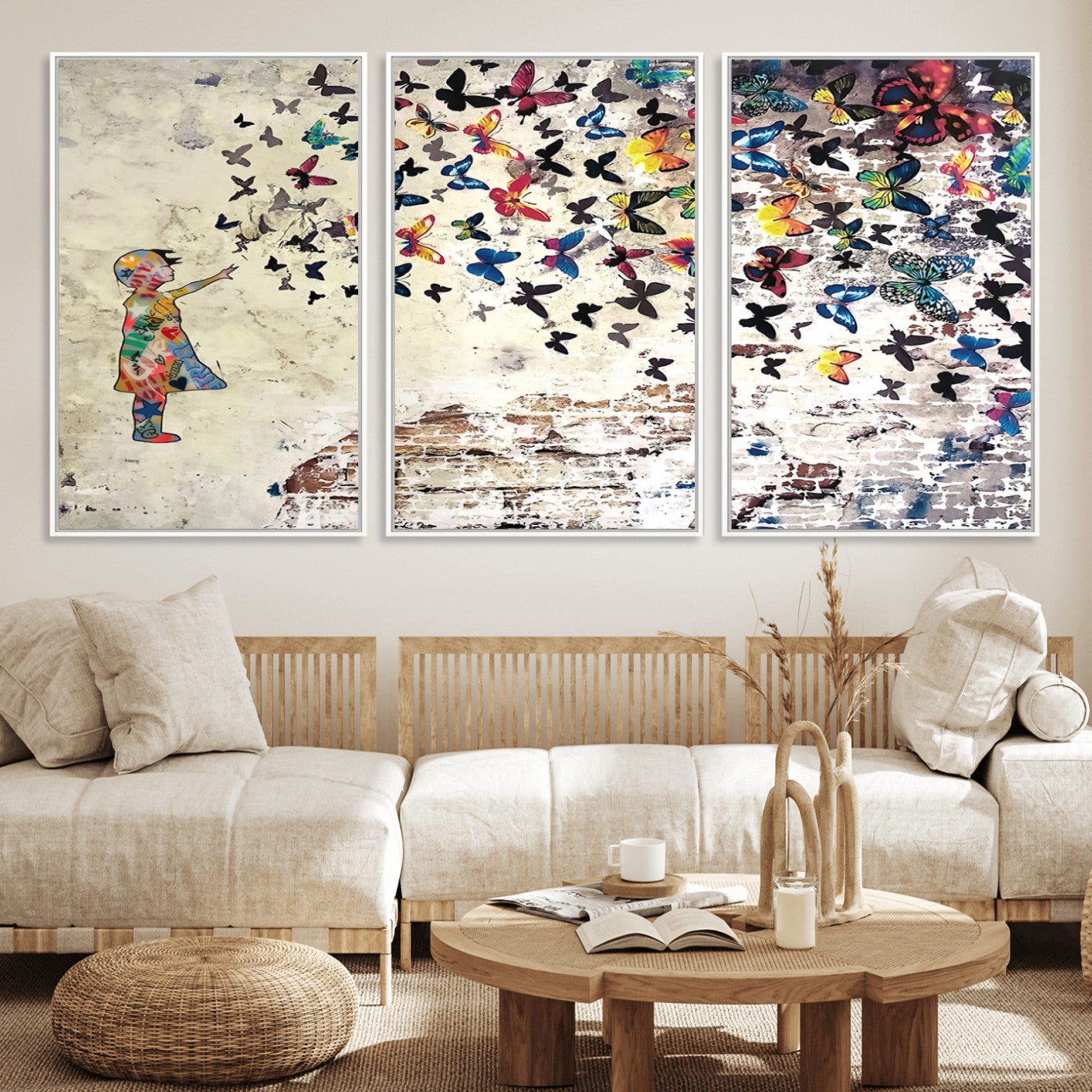 MGV-FC-60X30-3P - Banksy Wall Art - Banksy Girl Butterfly Graffiti Wall Art Canvas Print - Butterfly Girl and Freedom Flight - Vibrant Street Art Print