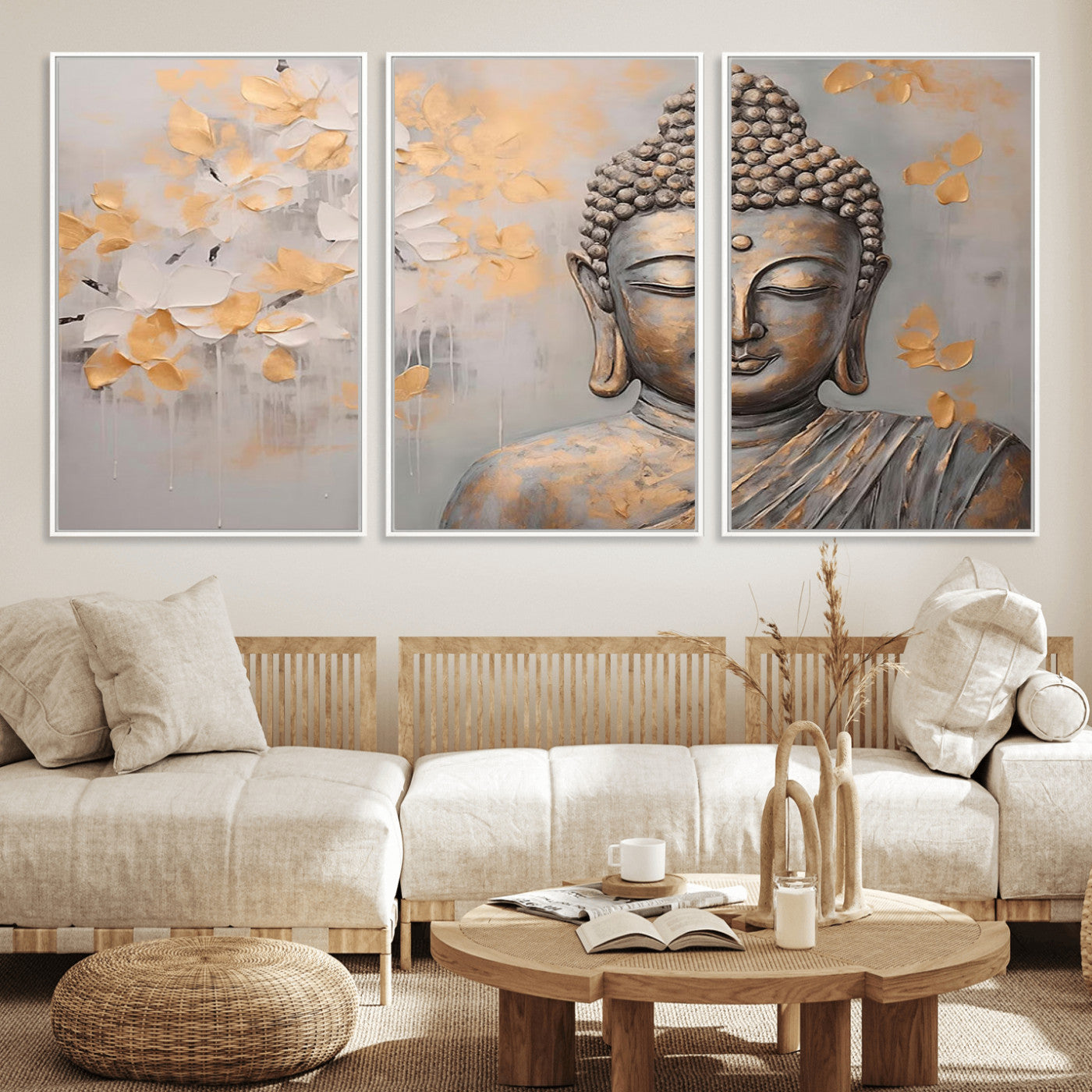 MGV-FC-60X30-3P - Abstract Buddha Statue Wall Art Canvas Print - Modern Meditation Decor for Living Room, Office, Yoga Studio Decor