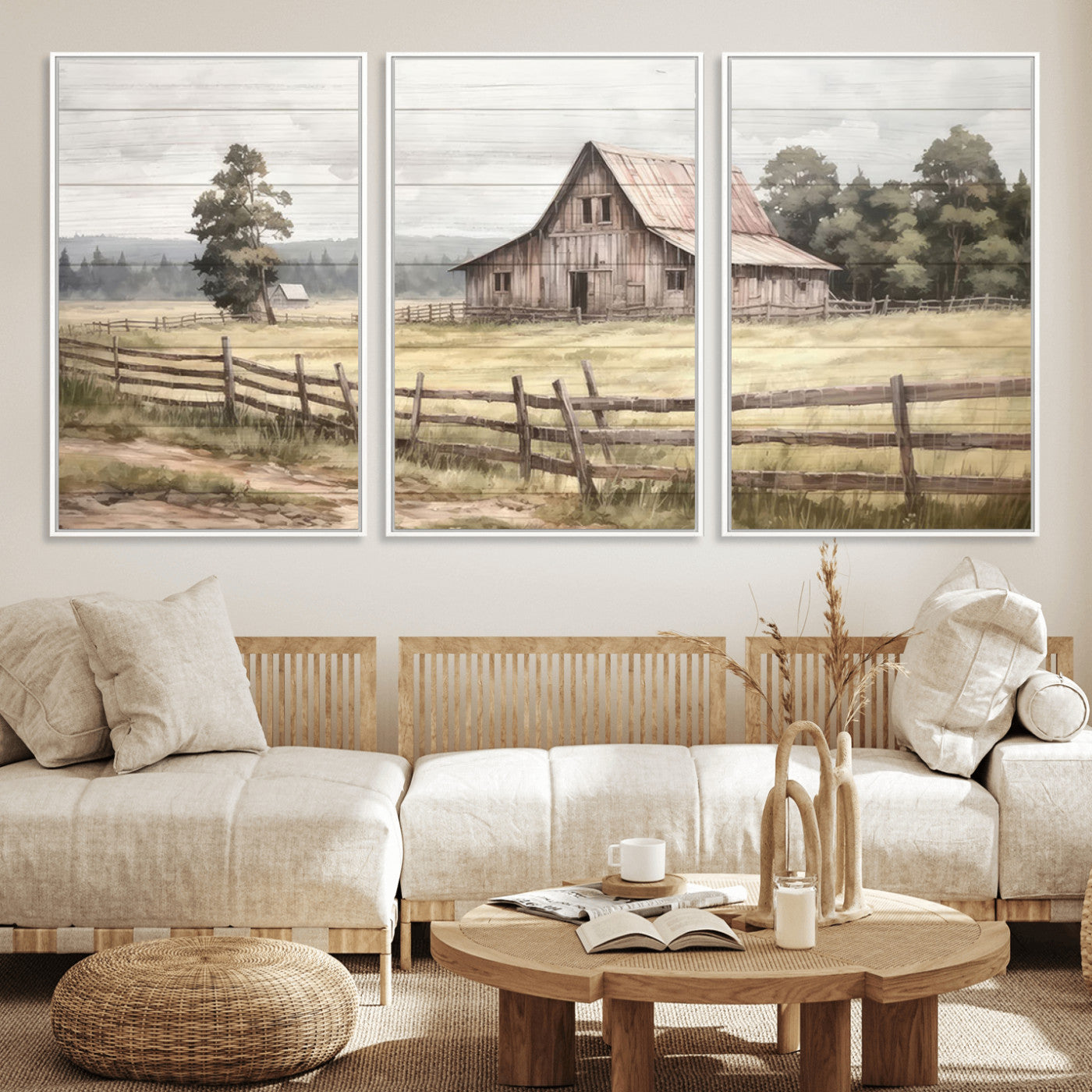 MGV-FC-60X30-3P - Rustic Farmhouse Barn Wall Art | 3-Panel Framed Gallery Wrap Giclee Canvas Print for Living Room, Farmhouse, or Office | Country Landscape Wall Art