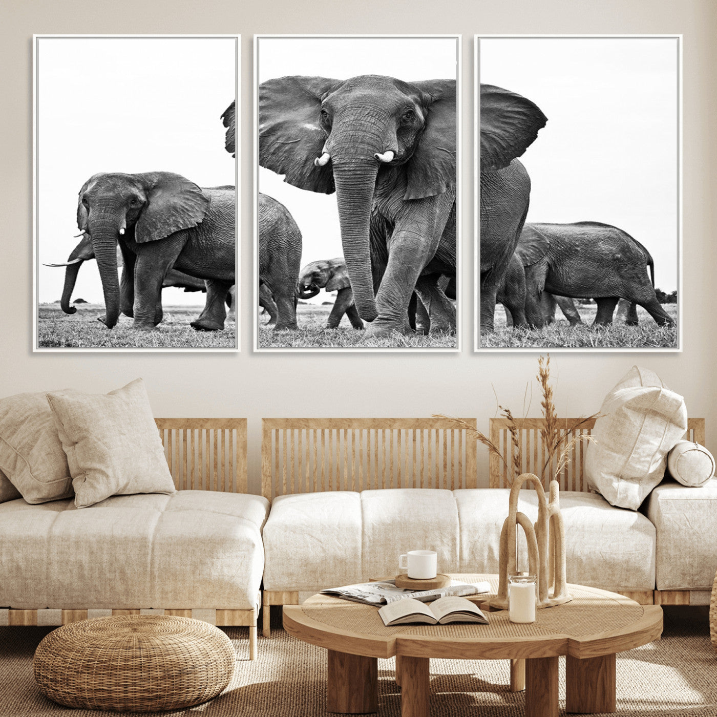 MGV-FC-60X30-3P - Black White Elephant Family Wall Art Canvas Print