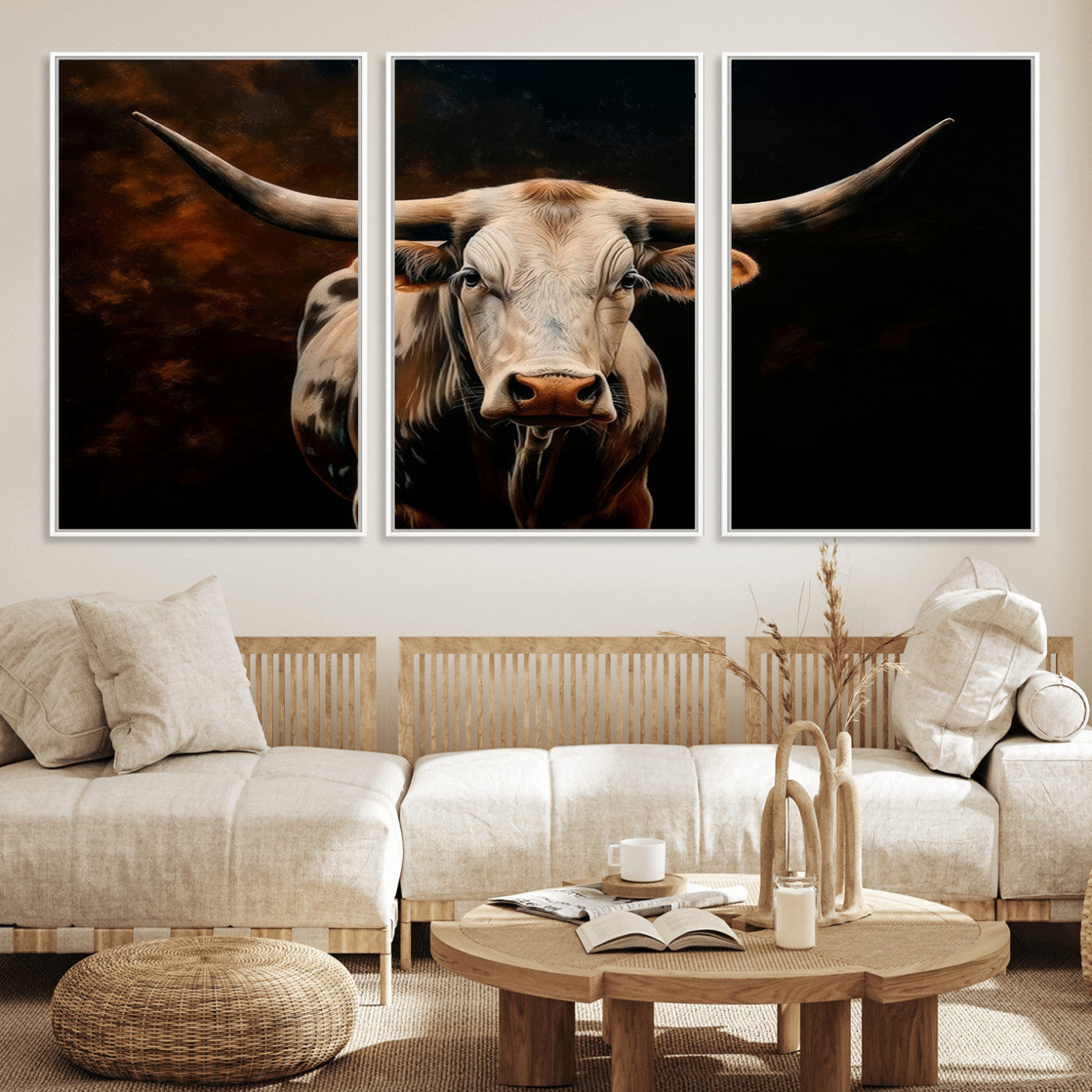 MGV-FC-60X30-3P - Texas Longhorn Wall Art | 3-Panel Large Texas Longhorn Canvas Print for Living Room, Office, or Farmhouse Decor | Framed Giclee Longhorn Wall Art