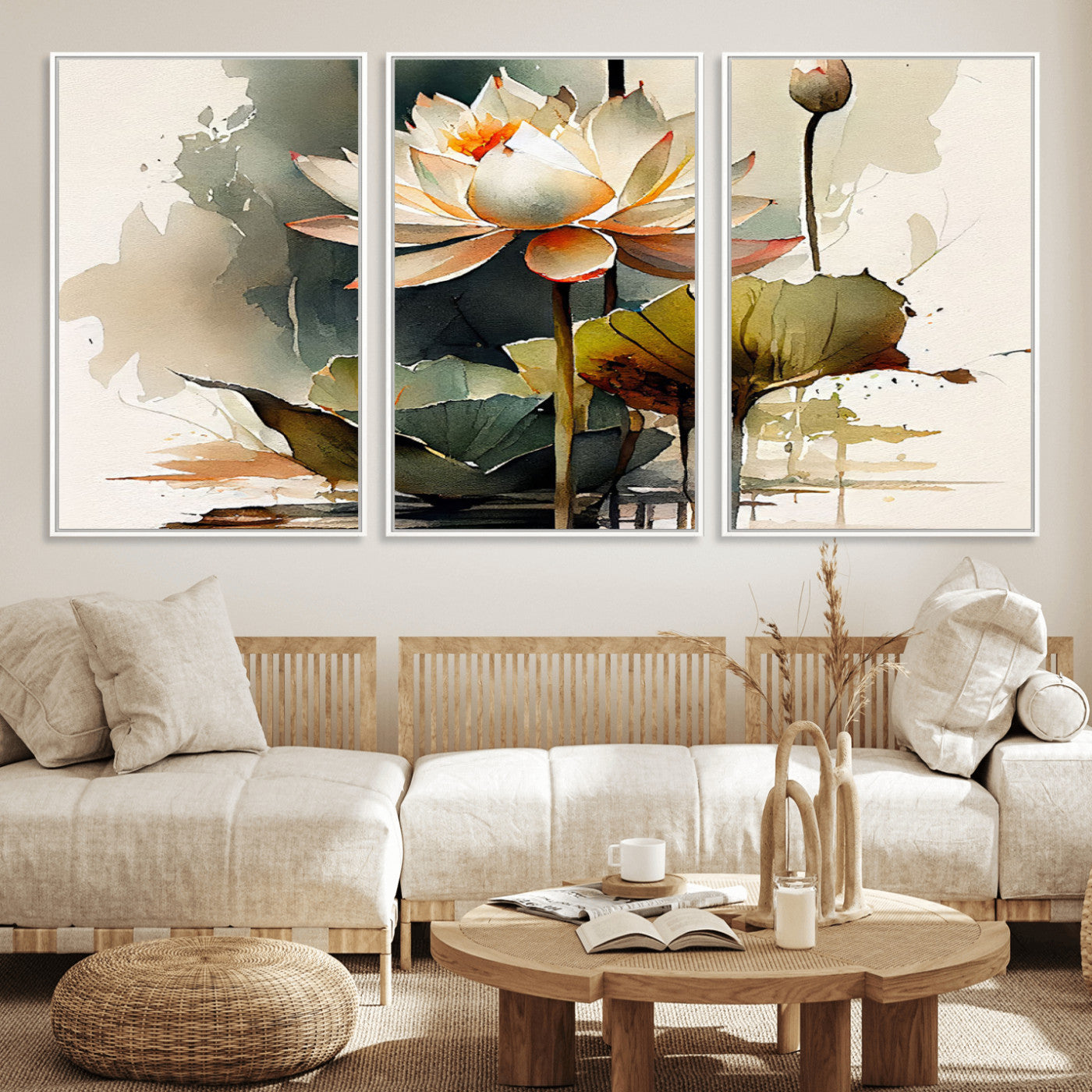 MGV-FC-60X30-3P - Lotus Flower Watercolor Canvas Print – A Symbol of Serenity and Growth, Captured in Soft Watercolors – Contemporary Wall Art for Tranquil Spaces