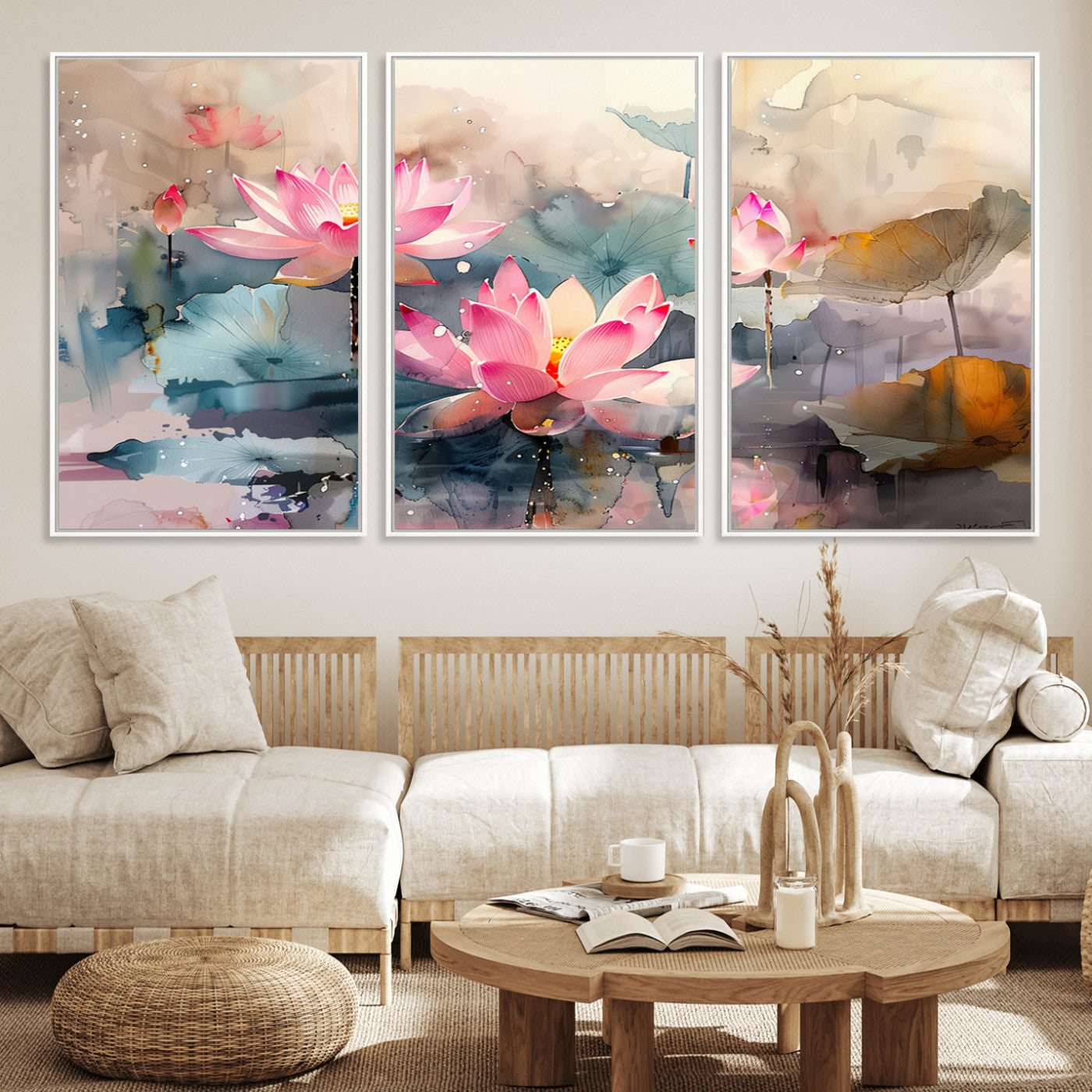 MGV-FC-60X30-3P - Lotus Flower Wall Art | 3-Panel Giclee Canvas Print of Pink Lotus Blossoms for Living Room, Bedroom, Office | Framed Lotus Floral Wall Art Decor Print