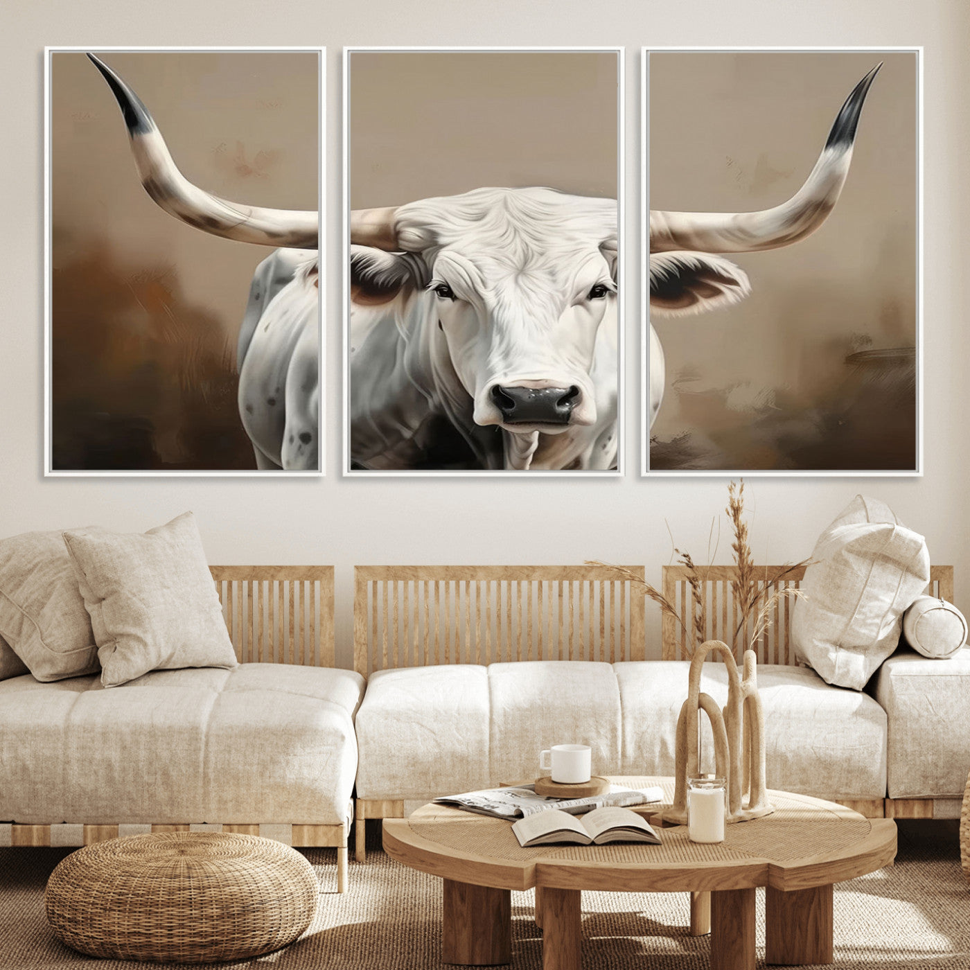 -White Longhorn Bull Wall Art Canvas Print – Framed and Ready to Hang – Perfect for Farmhouse and