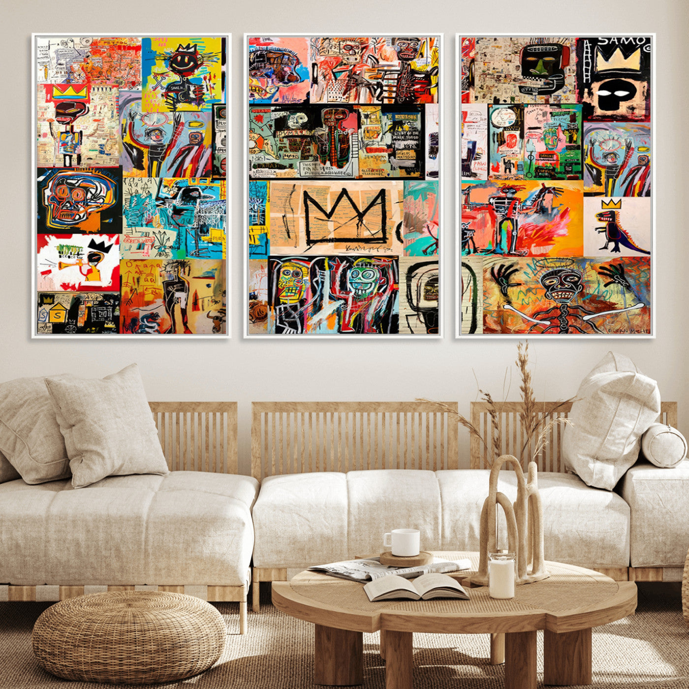 MGV-FC-60X30-3P - Basquiat Art Collage Wall Art Canvas Print – Framed, Ready to Hang, Urban Graffiti Style