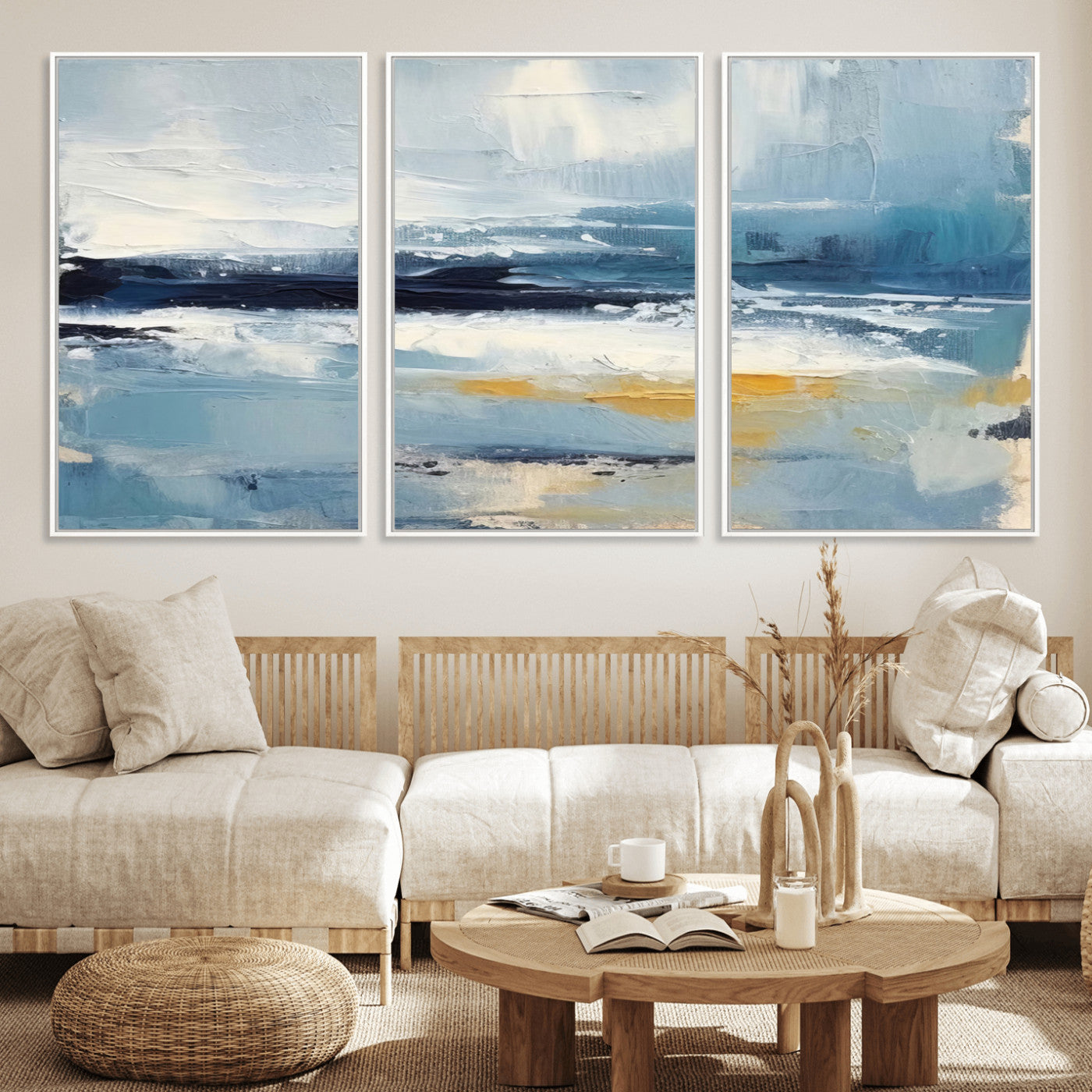 MGV-FC-60X30-3P - Abstract Ocean Canvas Wall Art - Coastal Blue and Gold Textured Painting, Modern Seascape Decor for Living Room Decor