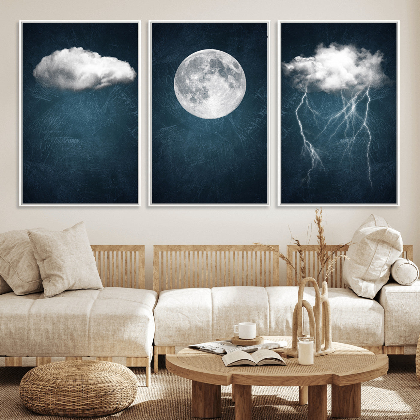 -3 Piece Indigo Cloud Wall Art, Thunderstorm Moon Cloud Artworks