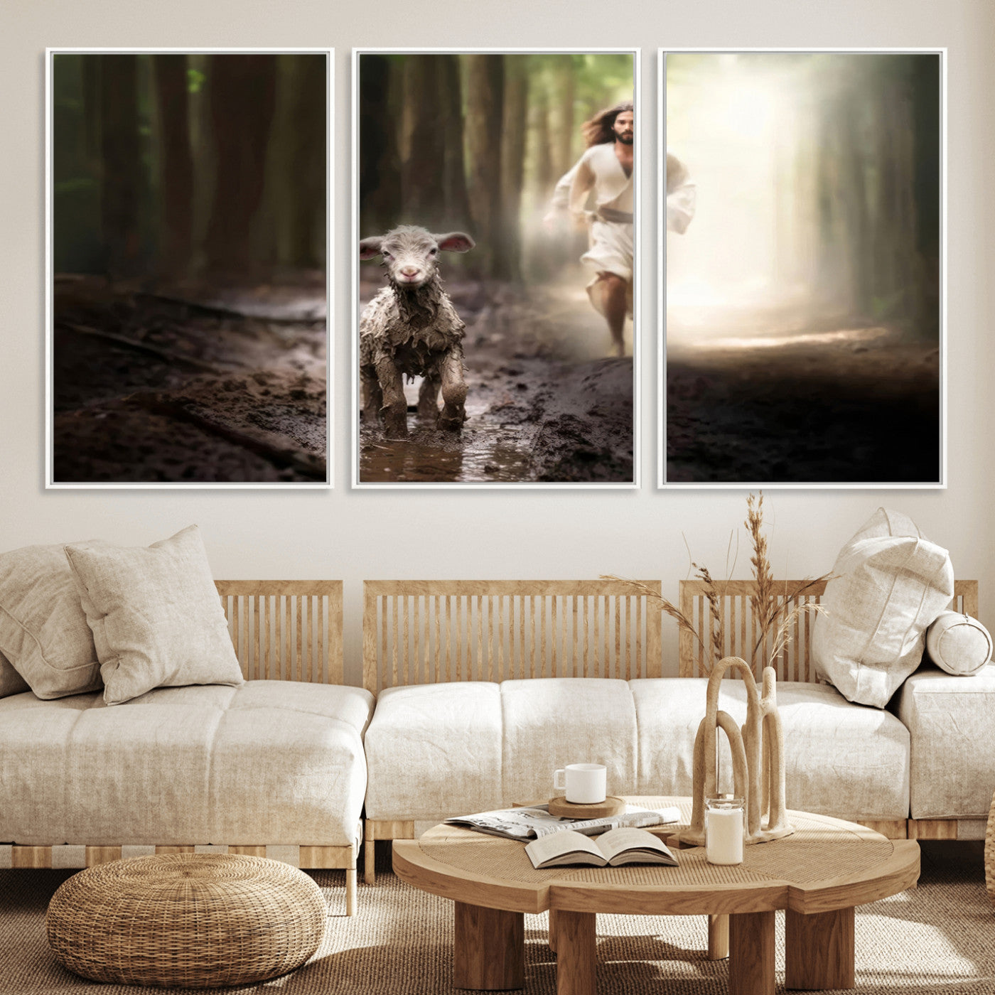 MGV-FC-60X30-3P - Jesus Canvas Wall Art - Jesus Running After Lost Lamb, Jesus, Christian Home Decor - Church Wall Art
