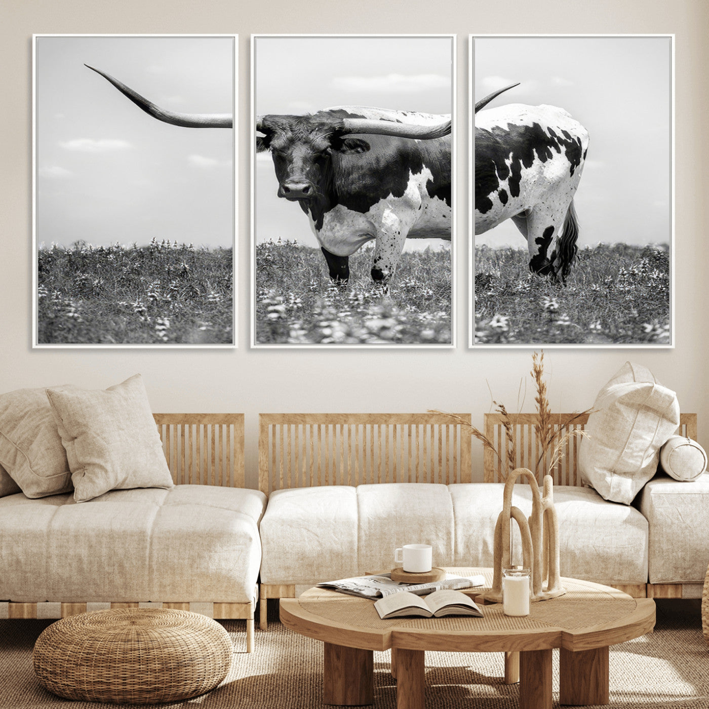 94709-MGV-FC-60X30-3P_White-Texas Black White Highland Longhorn Cow Wall Art Canvas Print