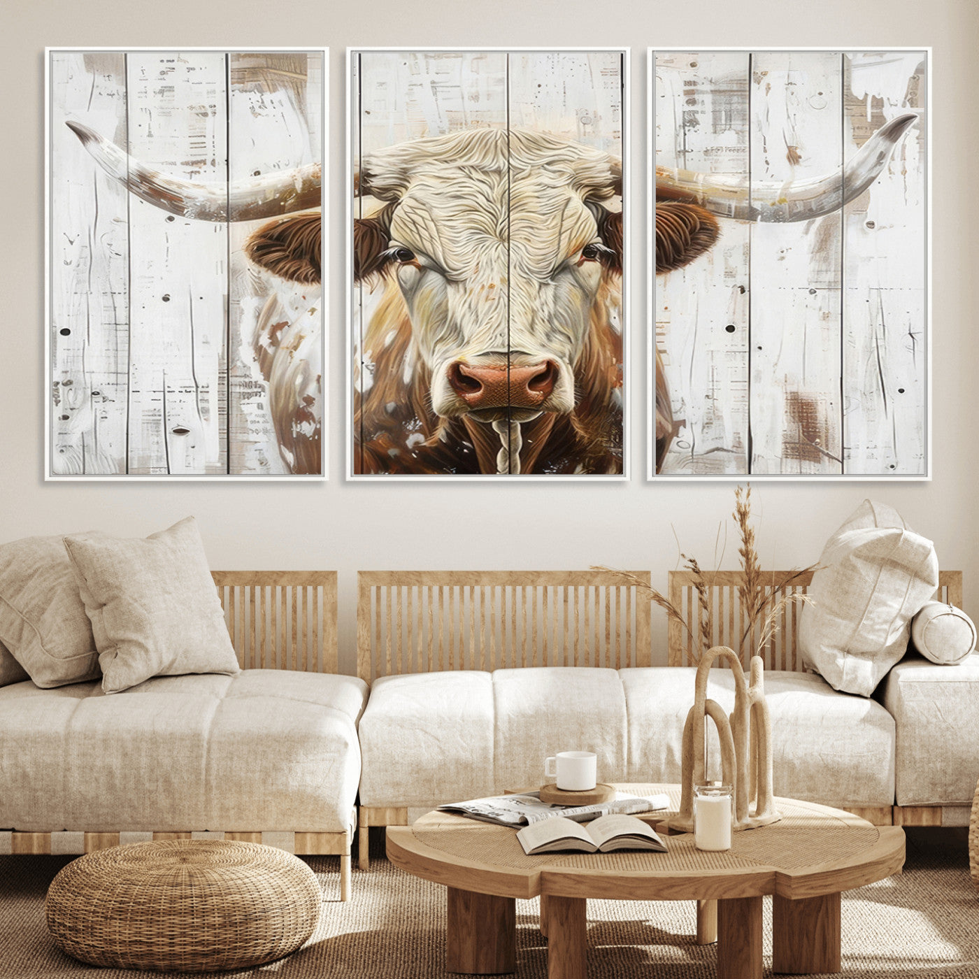 71551-MGV-FC-60X30-3P_White-Rustic Longhorn Bull Wall Art Canvas Set – Western-Inspired Farmhouse Décor - Ready to Hang