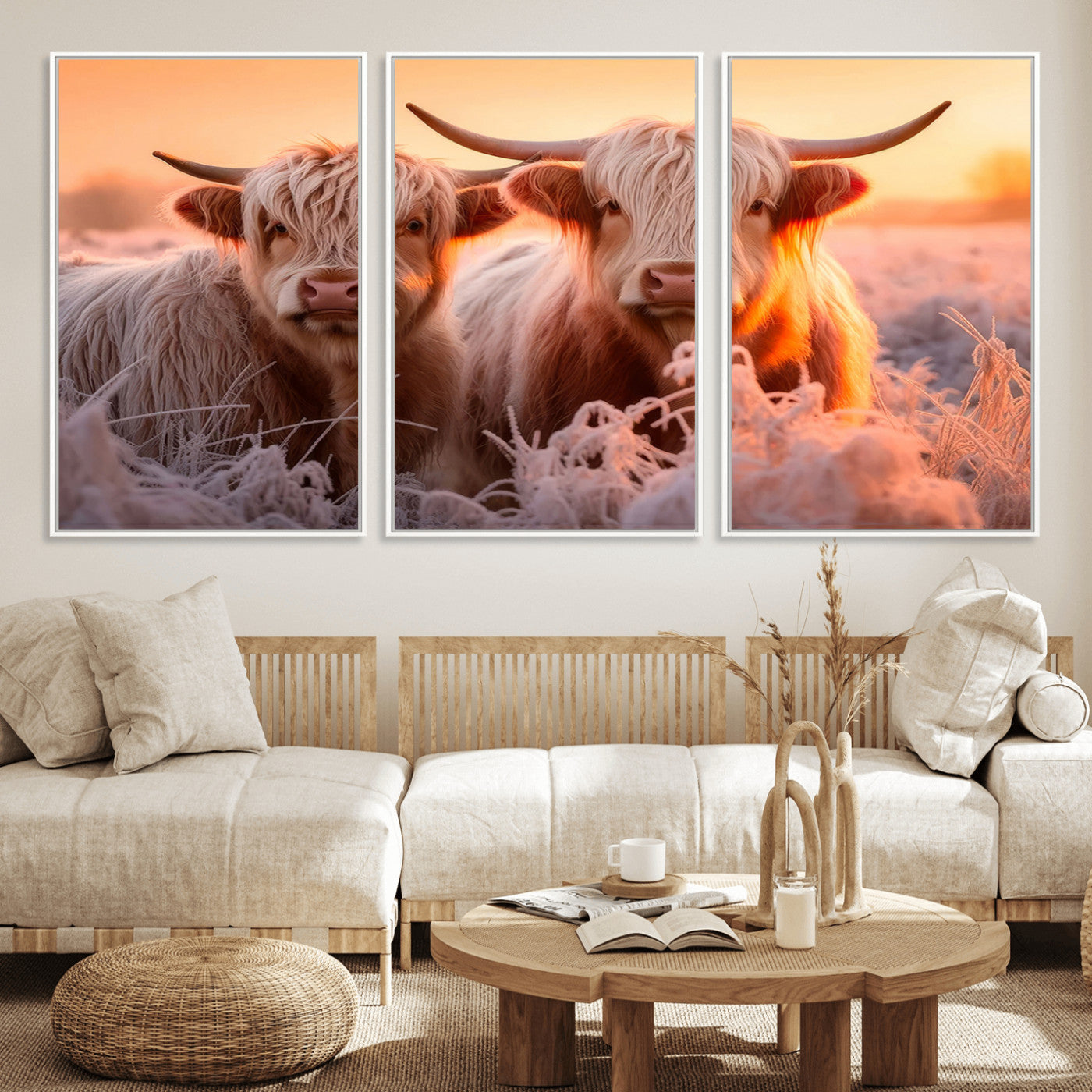68253-MGV-FC-60X30-3P_White-Highland Cows at Sunrise Wall Art Canvas Set – Serene and Rustic Farmhouse Decor