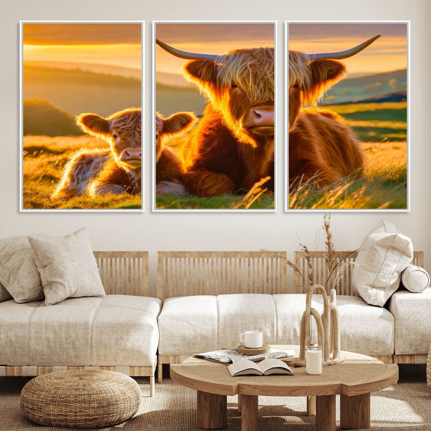 20567-MGV-FC-60X30-3P_White-Scottish Cow and Baby Cow Canvas Wall Art Animal Print Fluffy Cattle Framed Farmhouse Decor