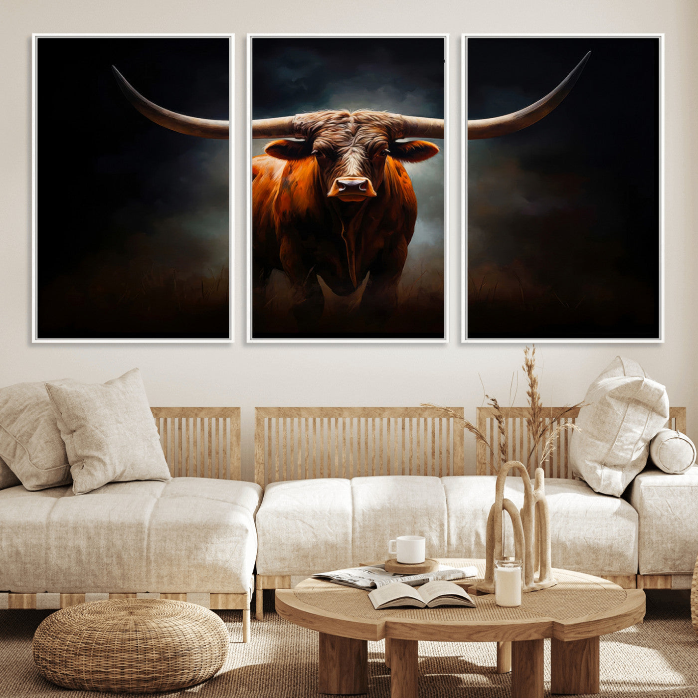MGV-FC-60X30-3P - Abstract Texas Longhorn Wall Art Print | 3-Panel Large Texas Longhorn Canvas Print for Living Room, Office  Farmhouse Decor | Framed Longhorn Wall Art