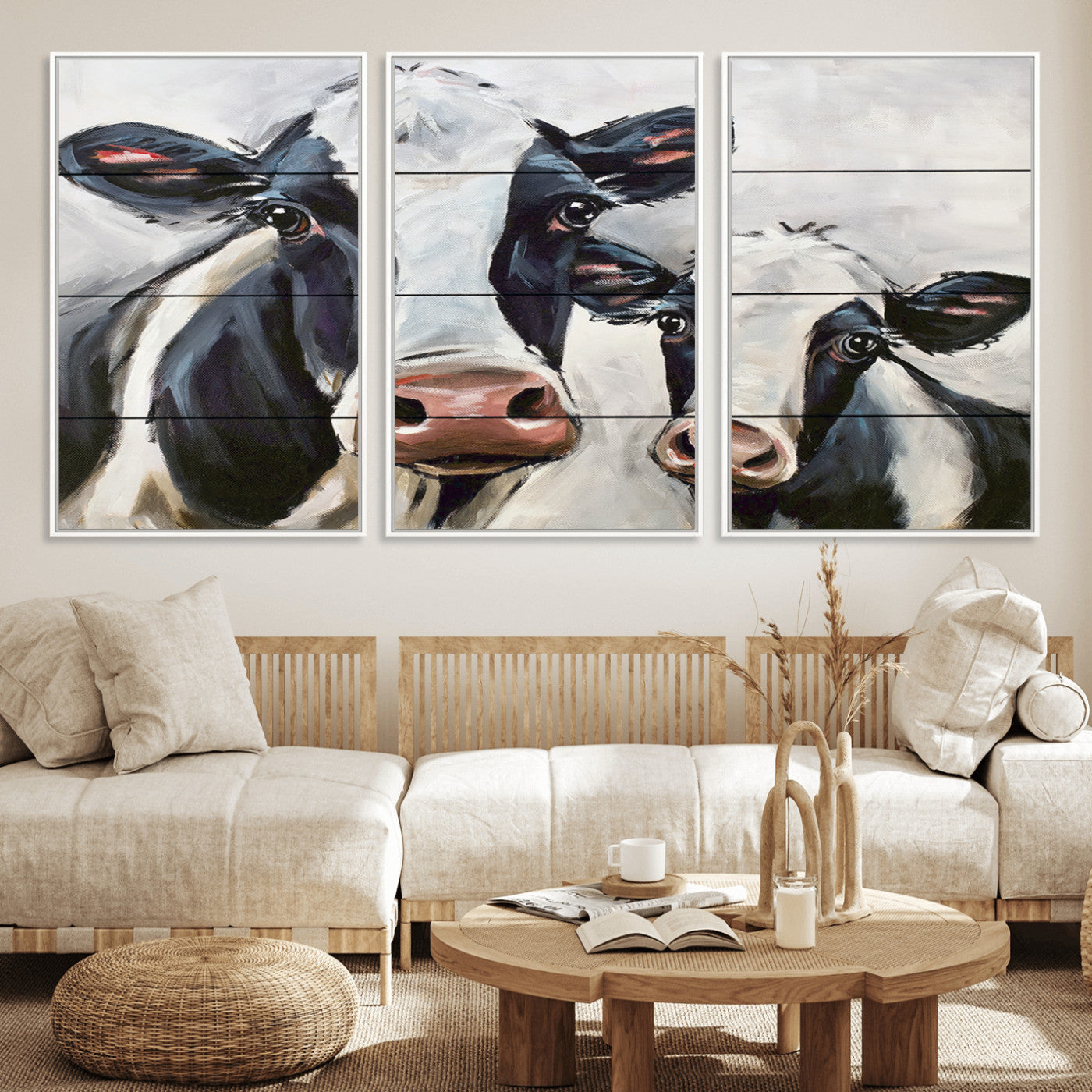 -Vintage Baby and Mom Cattle Wall Art Canvas Print