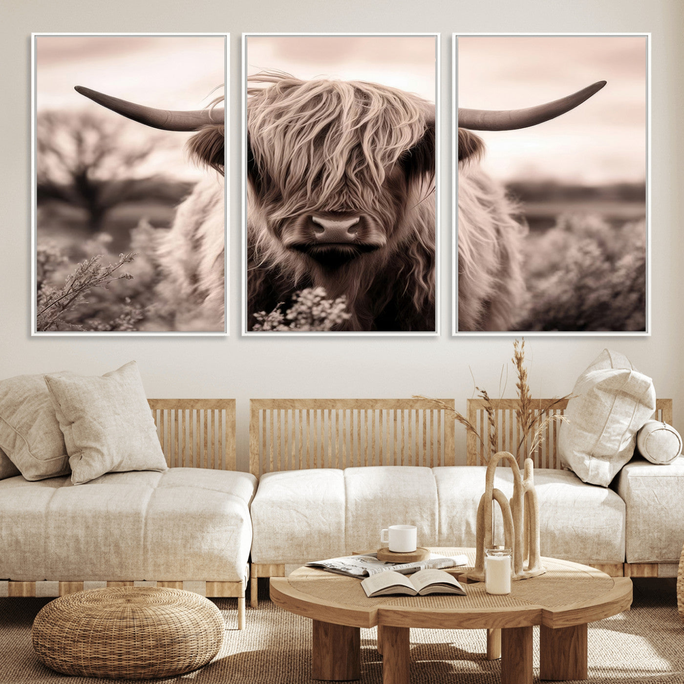 MGV-FC-60X30-3P - Scottish Cow Longhorn Wall Art Canvas Print