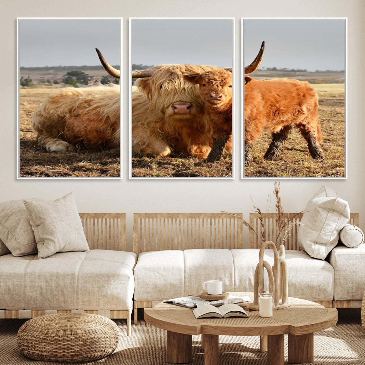 MGV-FC-60X30-3P - Highland Cow Canvas Wall Art Animal Print for Farm House Decor