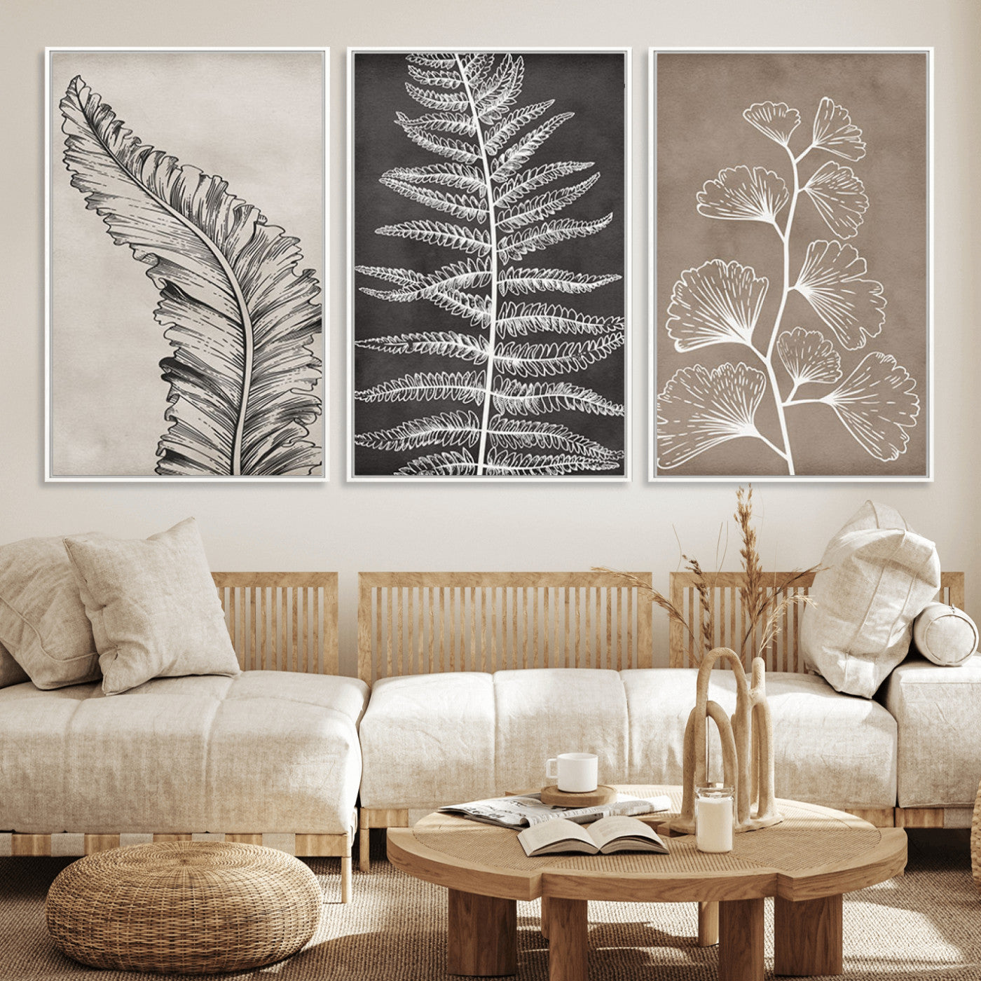 MGV-FC-60X30-3P - Minimalist Botanical Wall Art Canvas Print, Framed and Ready to Hang - Nature Art Print for Home