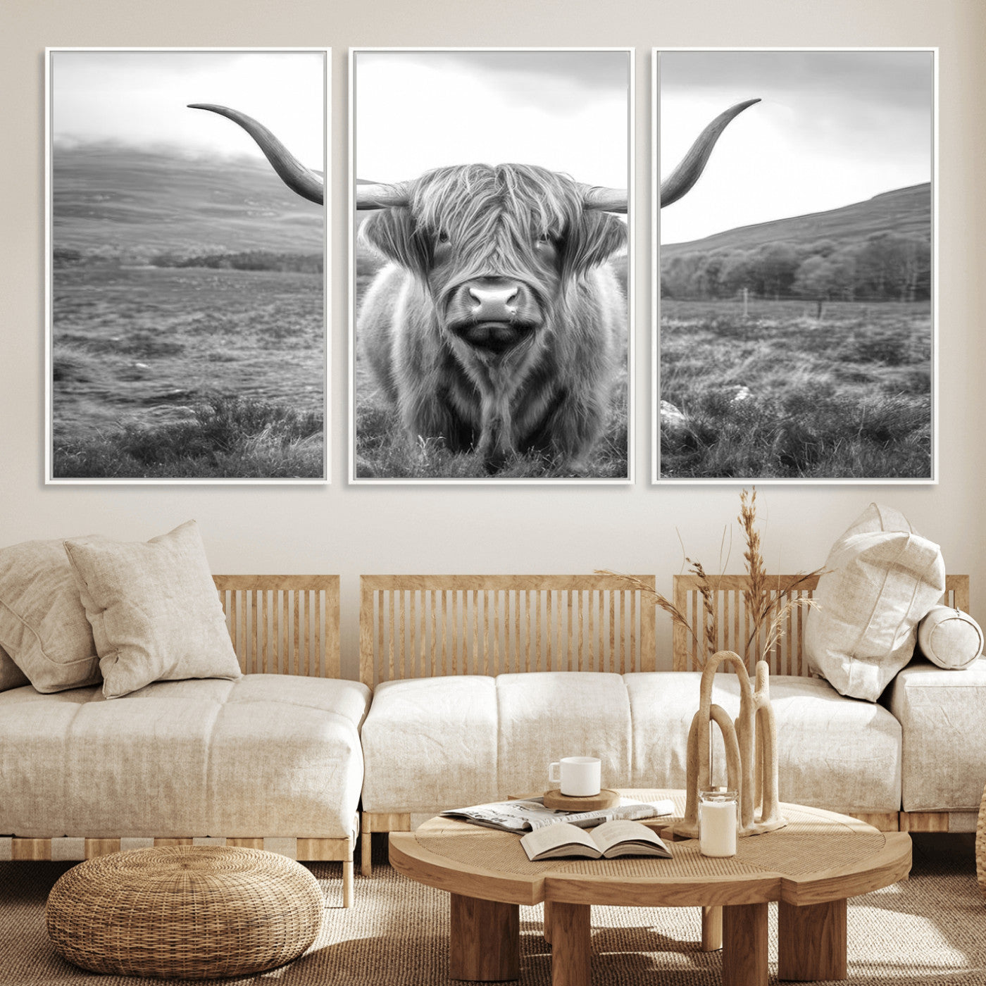 MGV-FC-60X30-3P - Black White Scottish Highland Cow Canvas Farm Wall Art Canvas Print