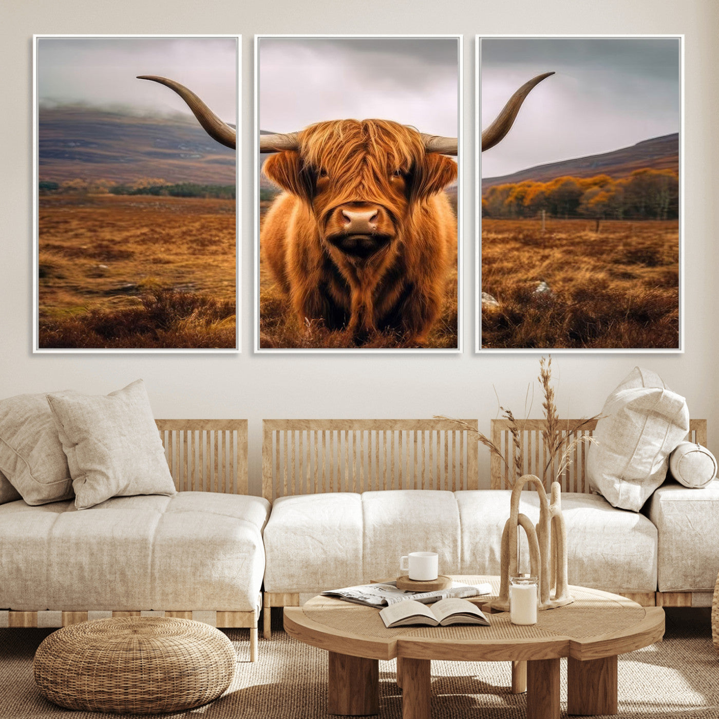-Highland Cow Longhorn Wall Art – Rustic Canvas Print, Framed and Ready to Hang for Farmhouse Décor